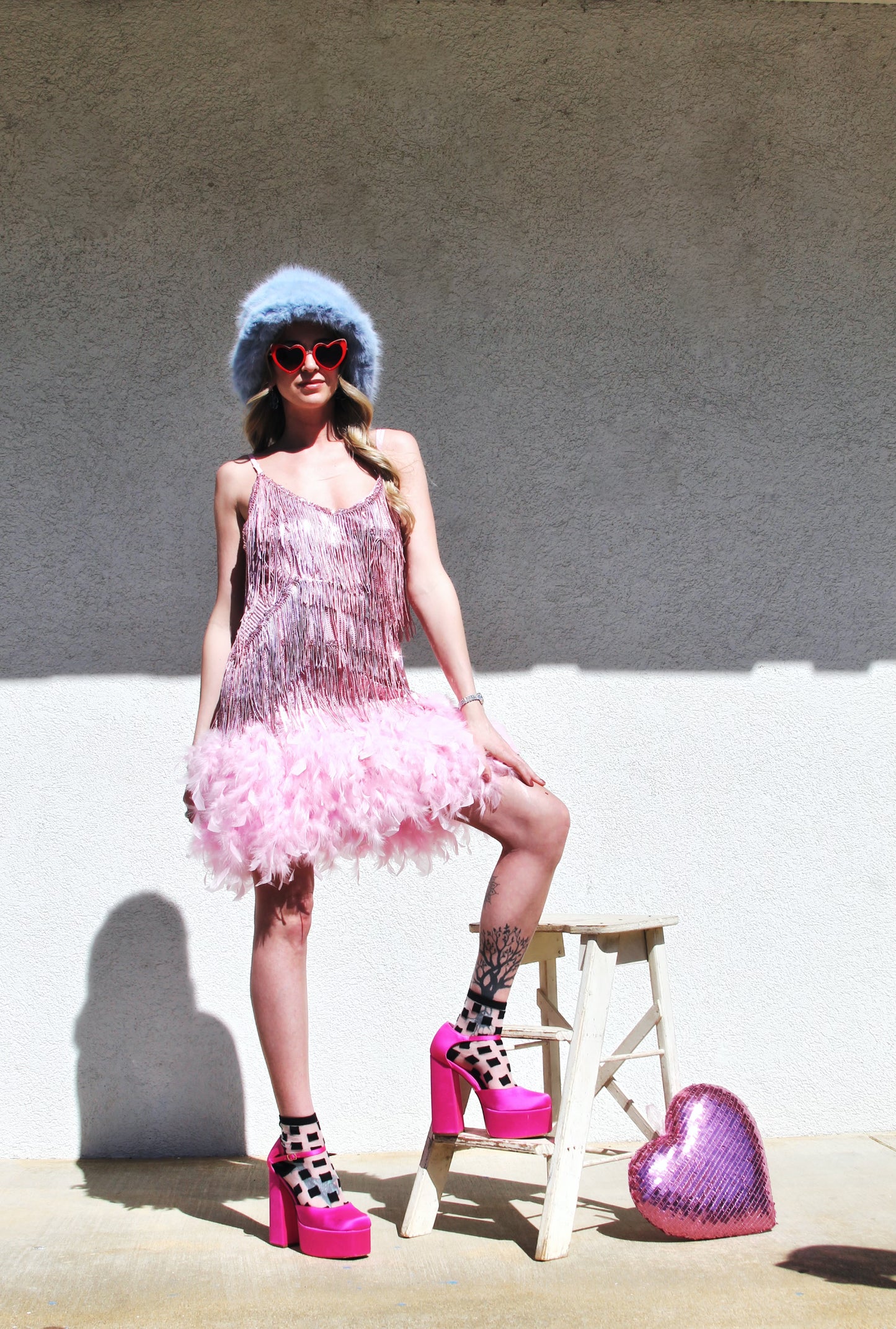 BOTTLE SERVICE sparkle fringe+ feather hem mini sequin party dress, large >> flamingo pink