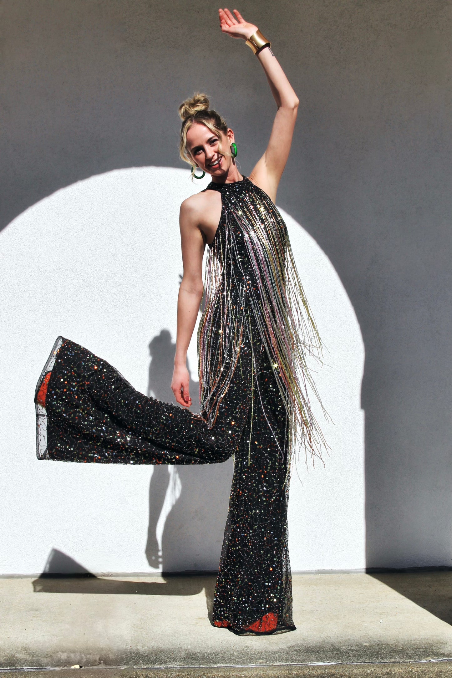 FIRECRACKER fully sequined + beaded tassel fringe jumpsuit *FOXY FAVE* size 4 >> black with multi-colored sequins