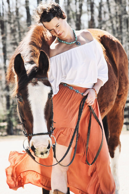 AMBER WINDS high-low flowy maxi skirt, large >> rust