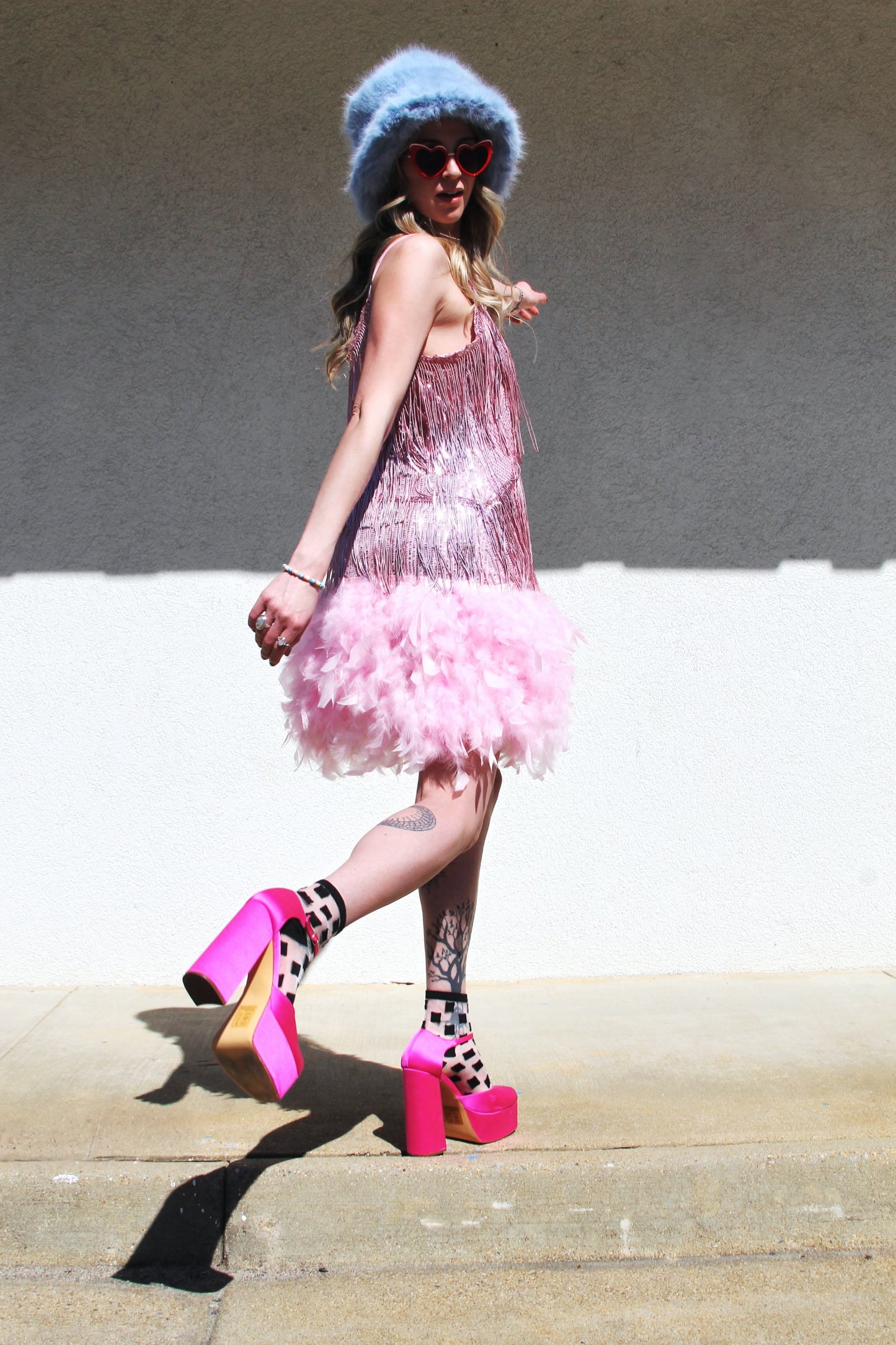 BOTTLE SERVICE sparkle fringe+ feather hem mini sequin party dress, large >> flamingo pink