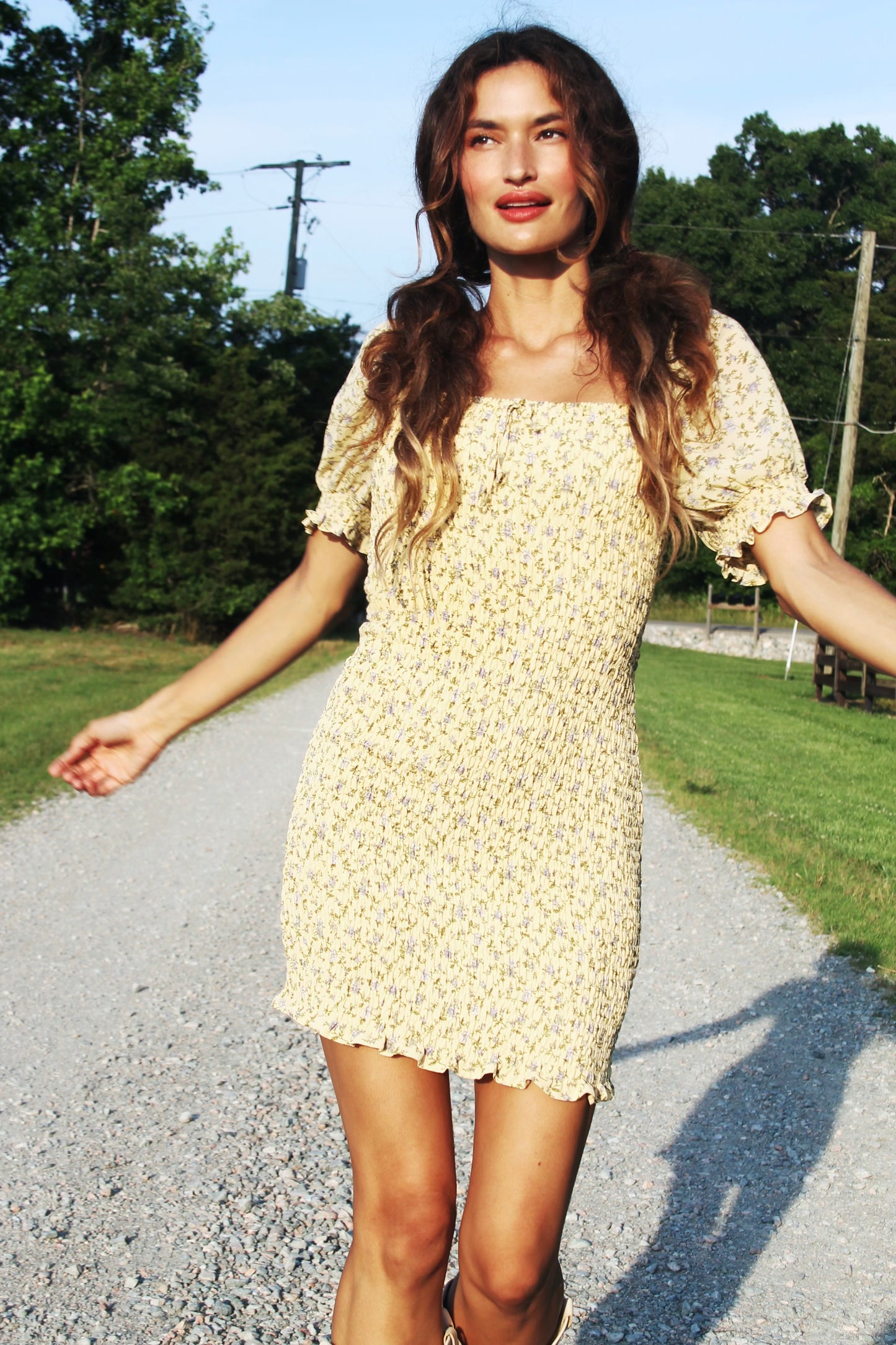 JUNIPER SUNSET smocked floral mini dress, medium