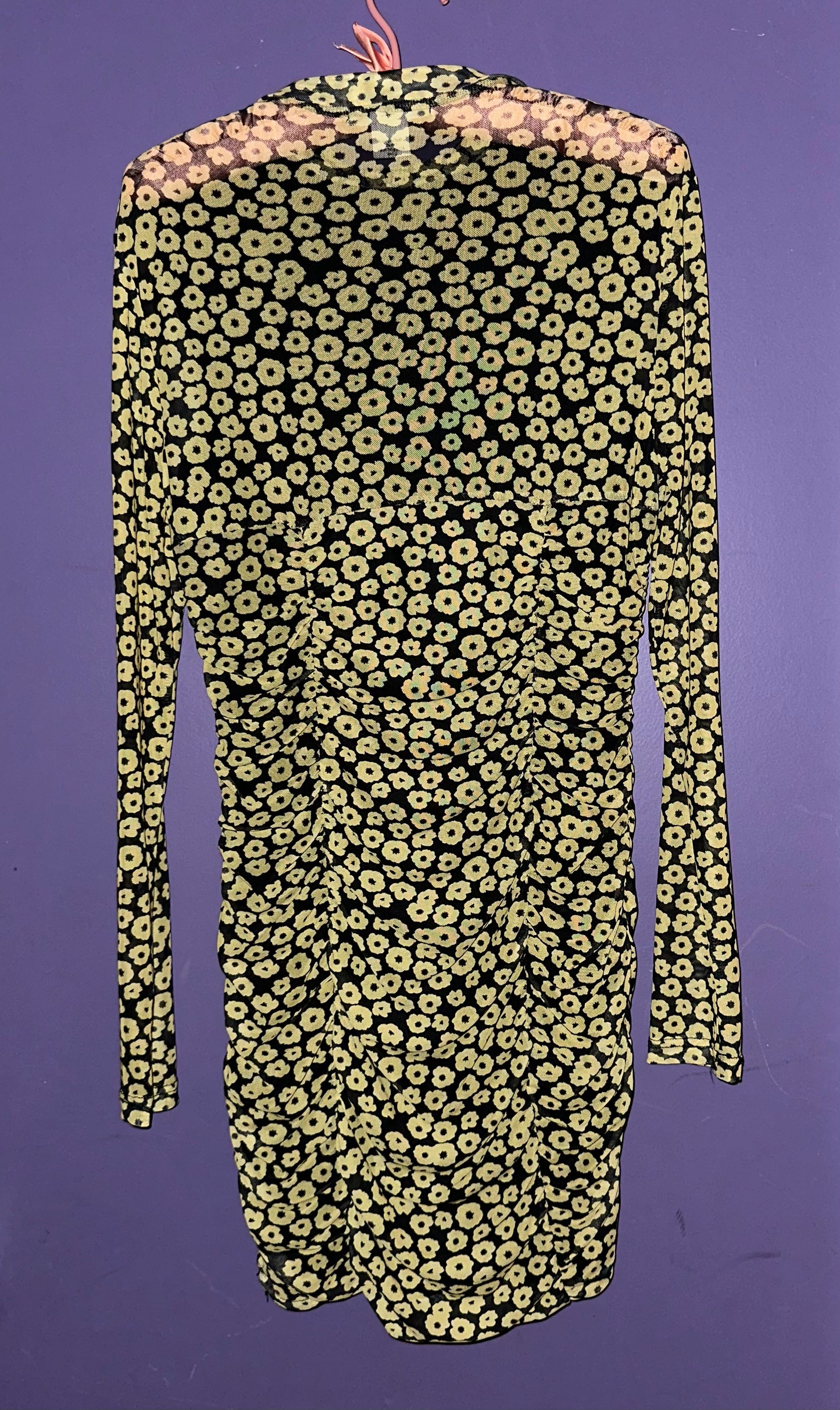 SPRING FORWARD mesh + ruched mini dress, small >> black with yellow dainty flowers