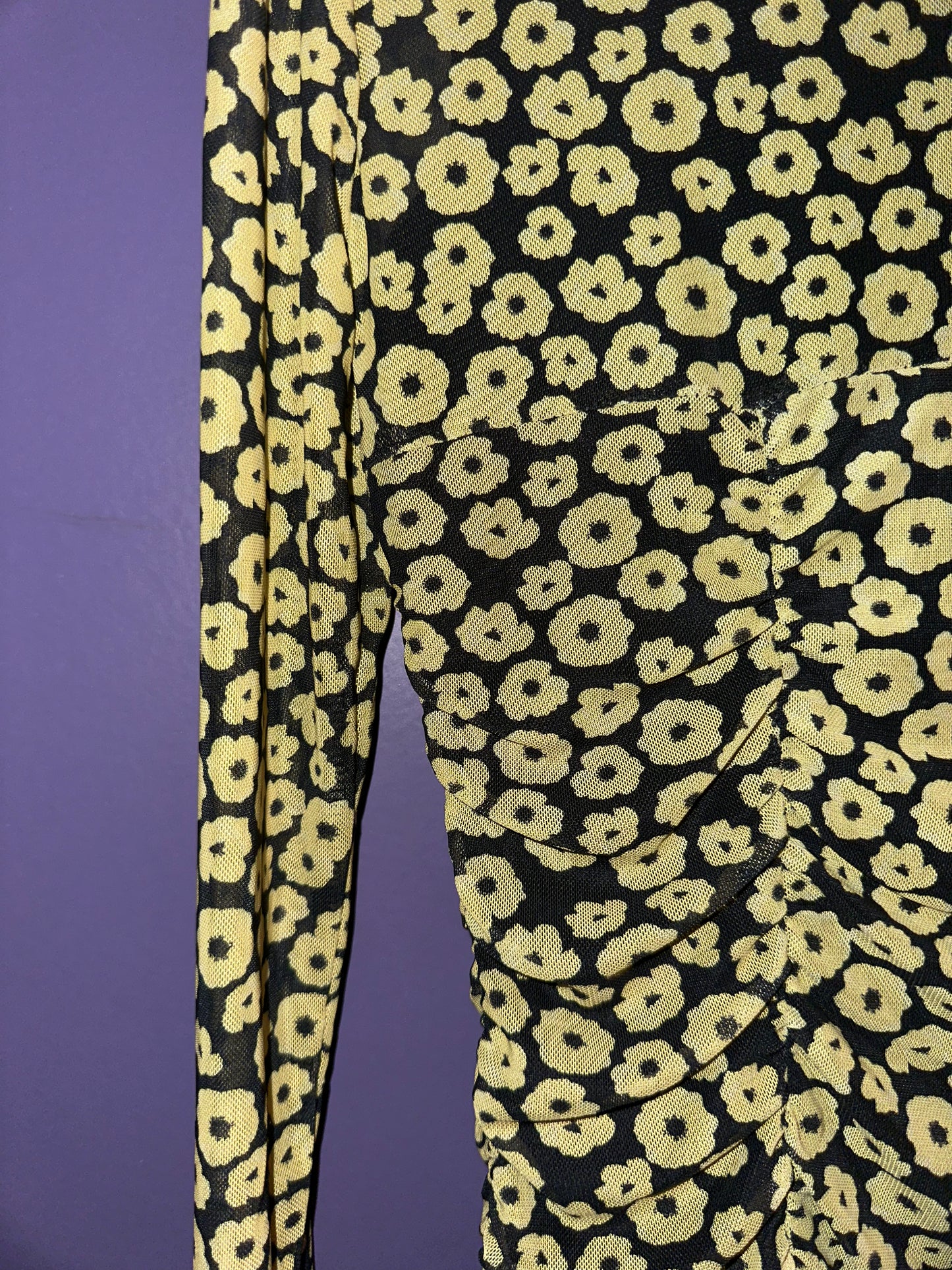 SPRING FORWARD mesh + ruched mini dress, small >> black with yellow dainty flowers
