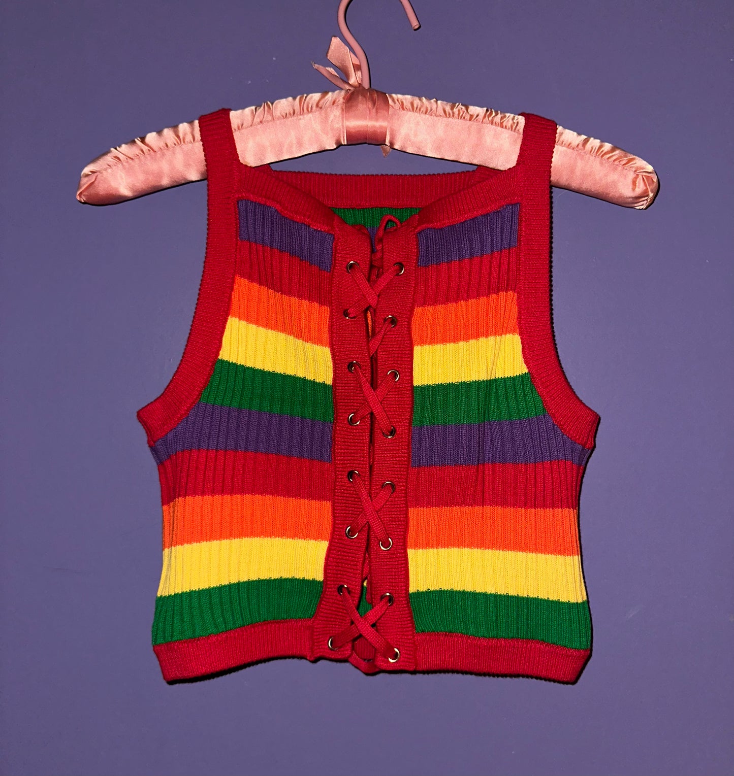 LAZY OAF rainbow lace-up tank, small >> rainbow stripes