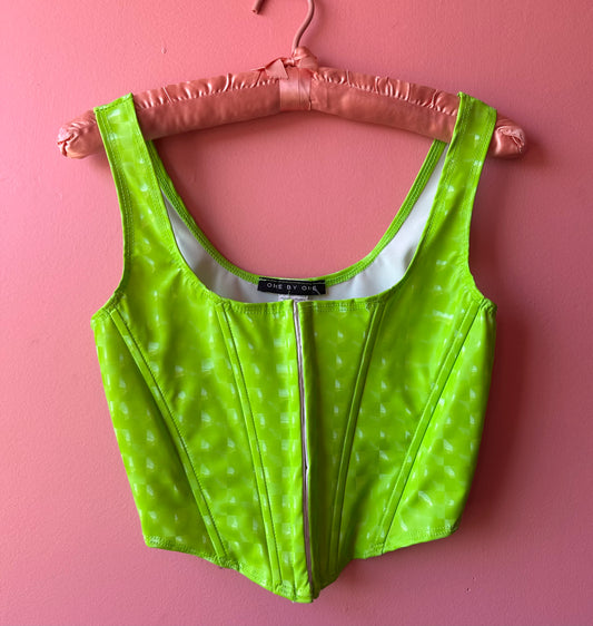 HEAT WAVE neon hologram corset top, small >> lime green
