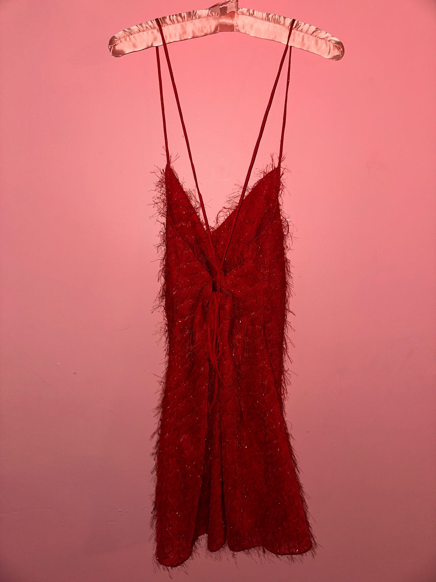 UP ALL NIGHT shimmer feather fringe ultra mini dress, XS >> just bitten red