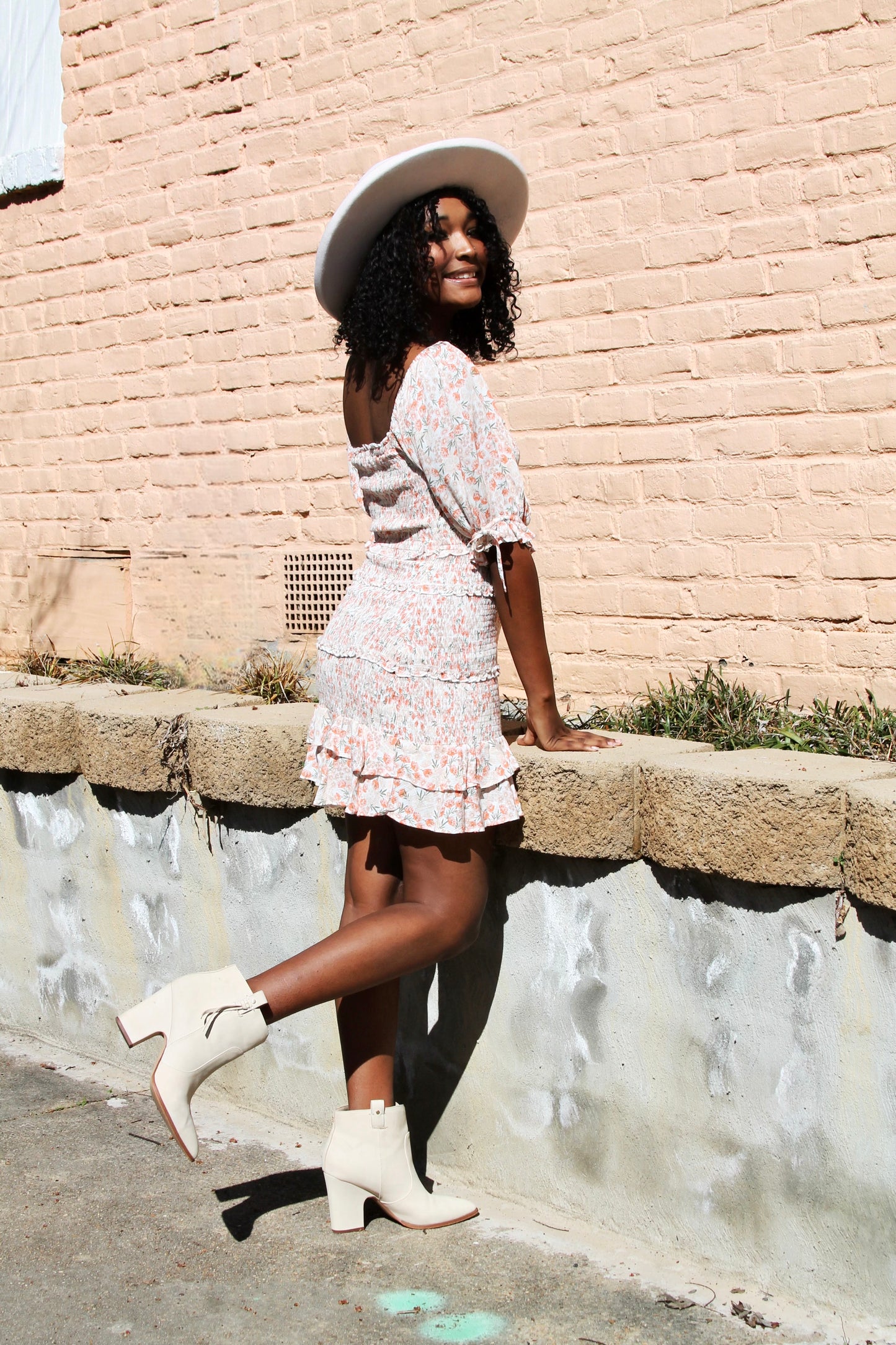 HIGHER LOVE smocked floral mini dress, small