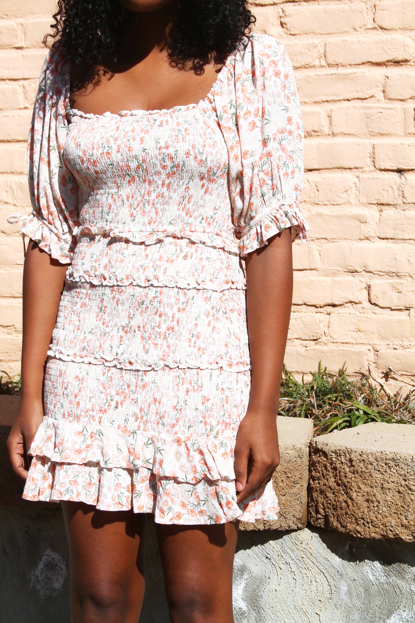 HIGHER LOVE smocked floral mini dress, small