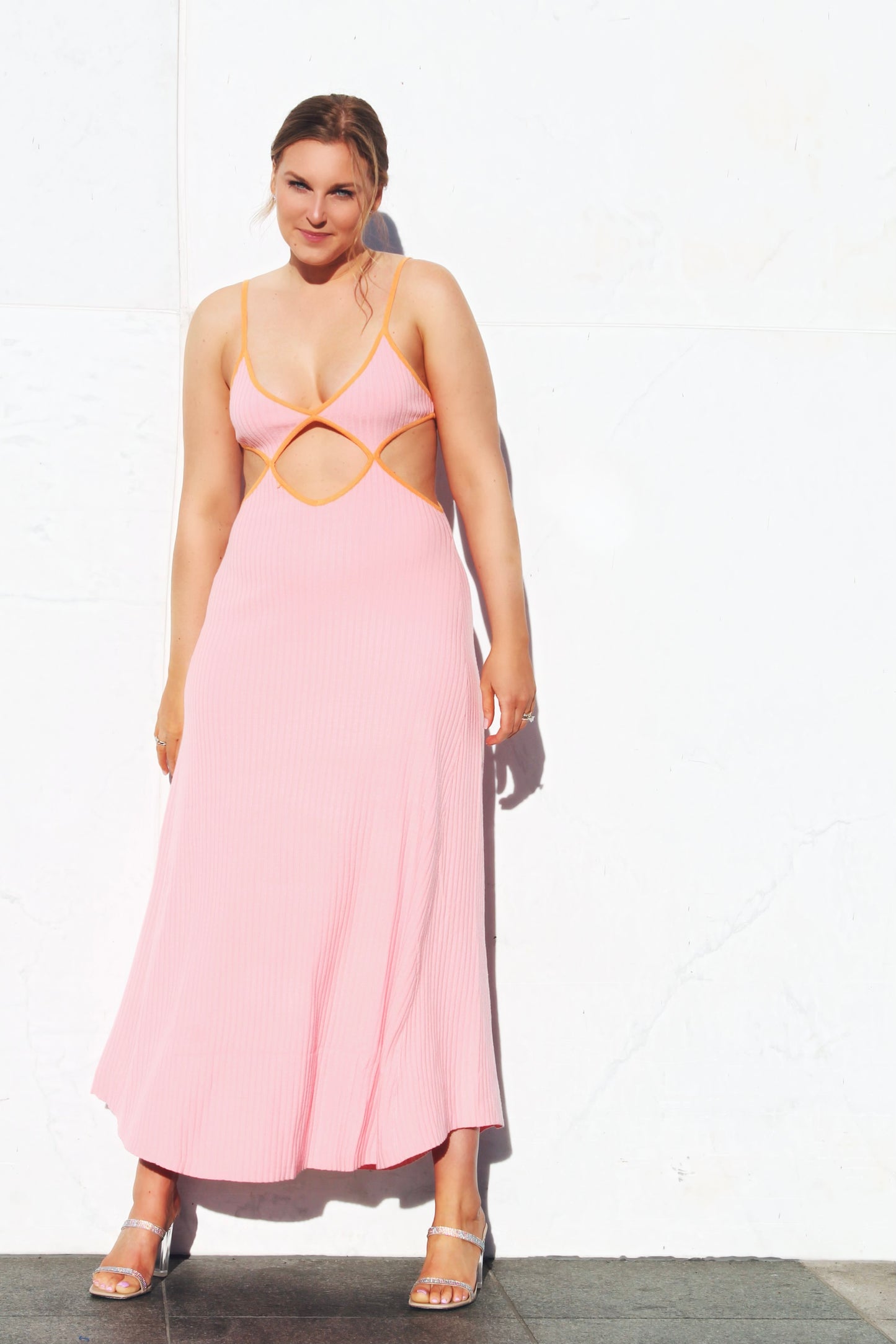 DAY GLOW diamond cut out knit max dress, large