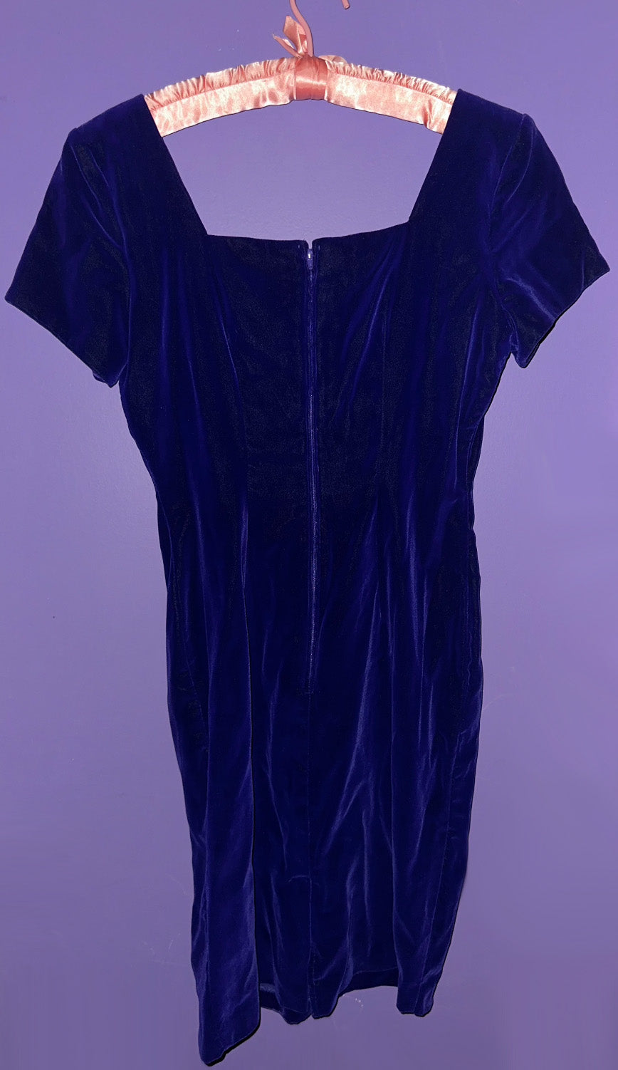 VINTAGE BLUE velvet mini dress, medium >> electric blue