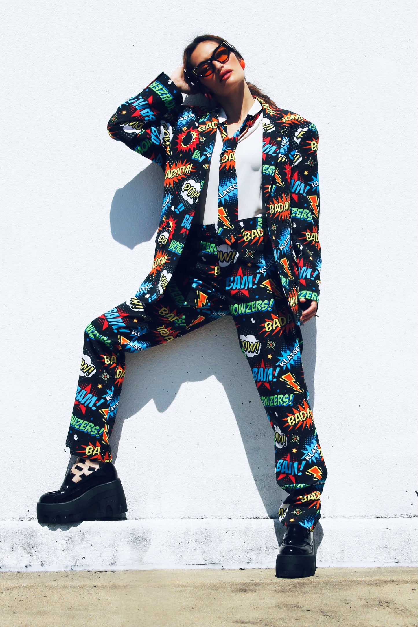 BADABING BADABOOM pop art + comic book inspired slacks, size 38 *PART OF A SET * Opposuits >> multicolored on black