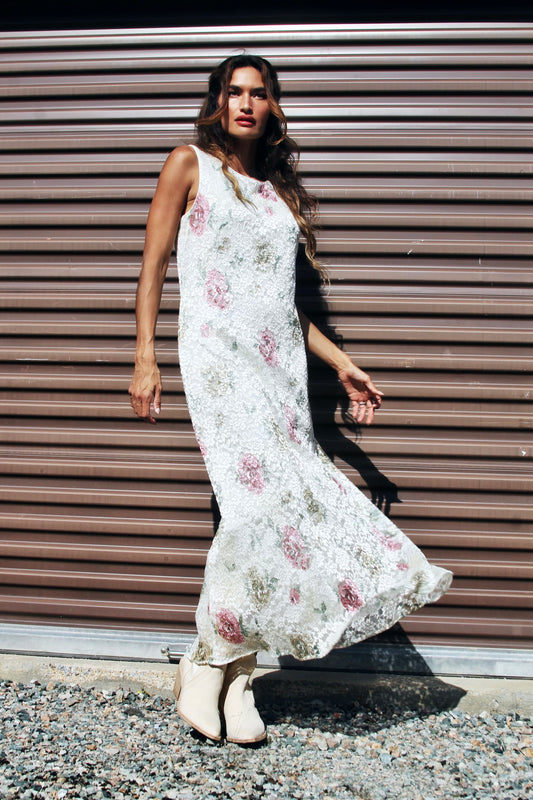 AS IT IS IN HEAVEN shimmering + impressionist floral + lace maxi dress *VINTAGE* size 12