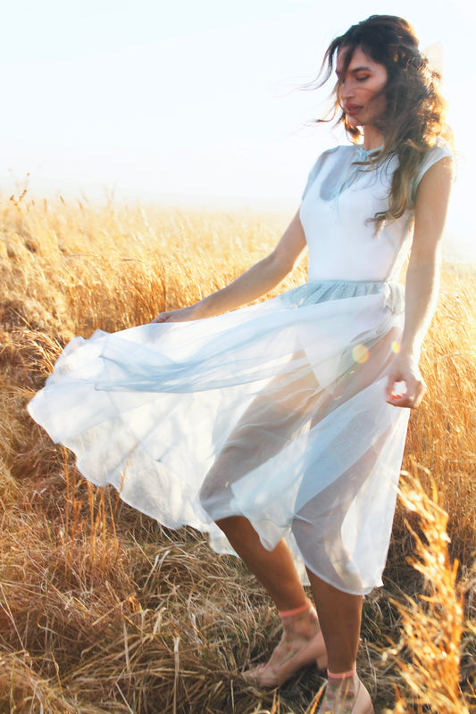 MEMORIES OF THE SUN completely sheer midi dress *FOXY FAVE* in antique blue