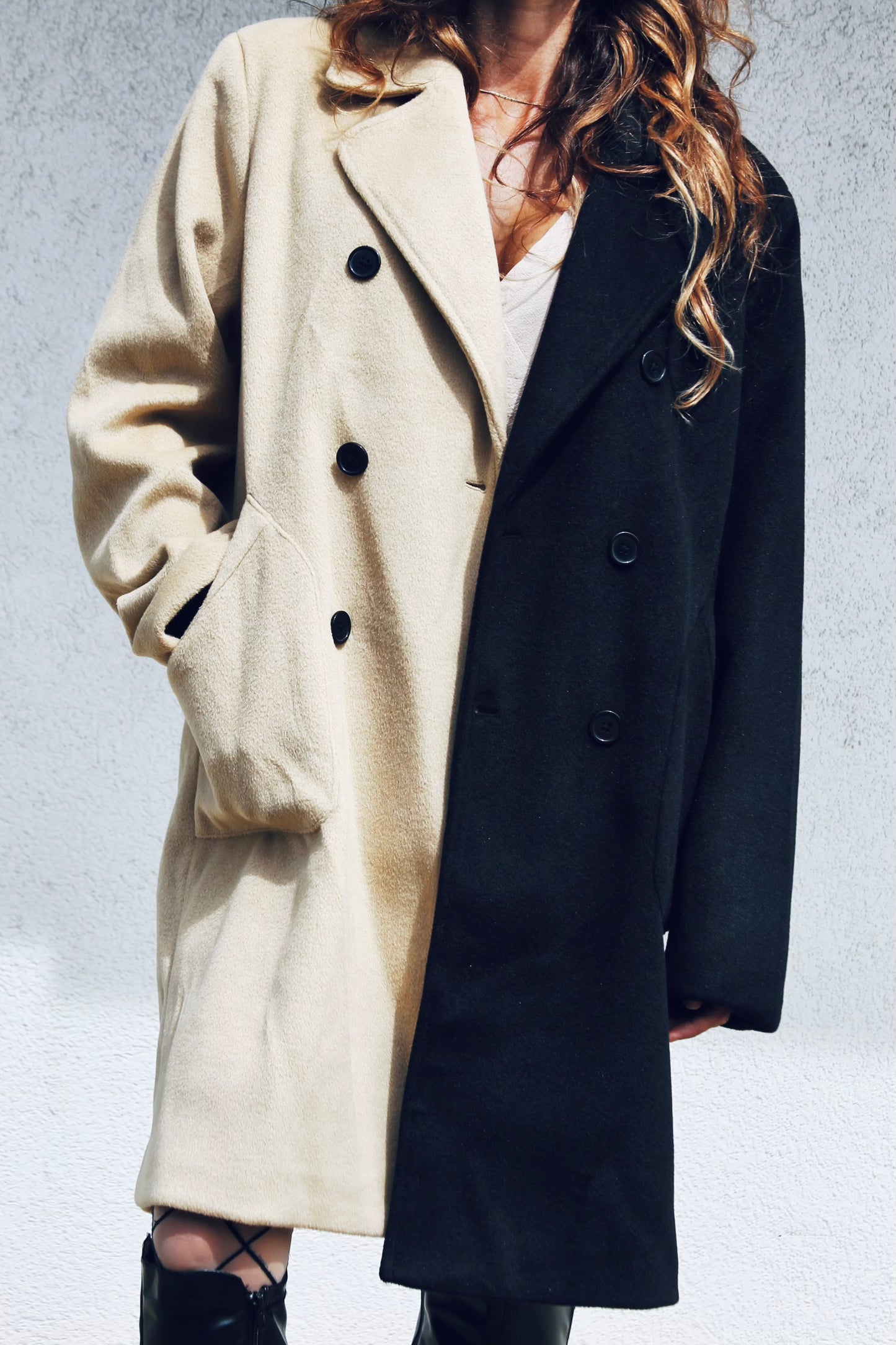 DOUBLE TROUBLE color block overcoat, size L/XL >> camel + black