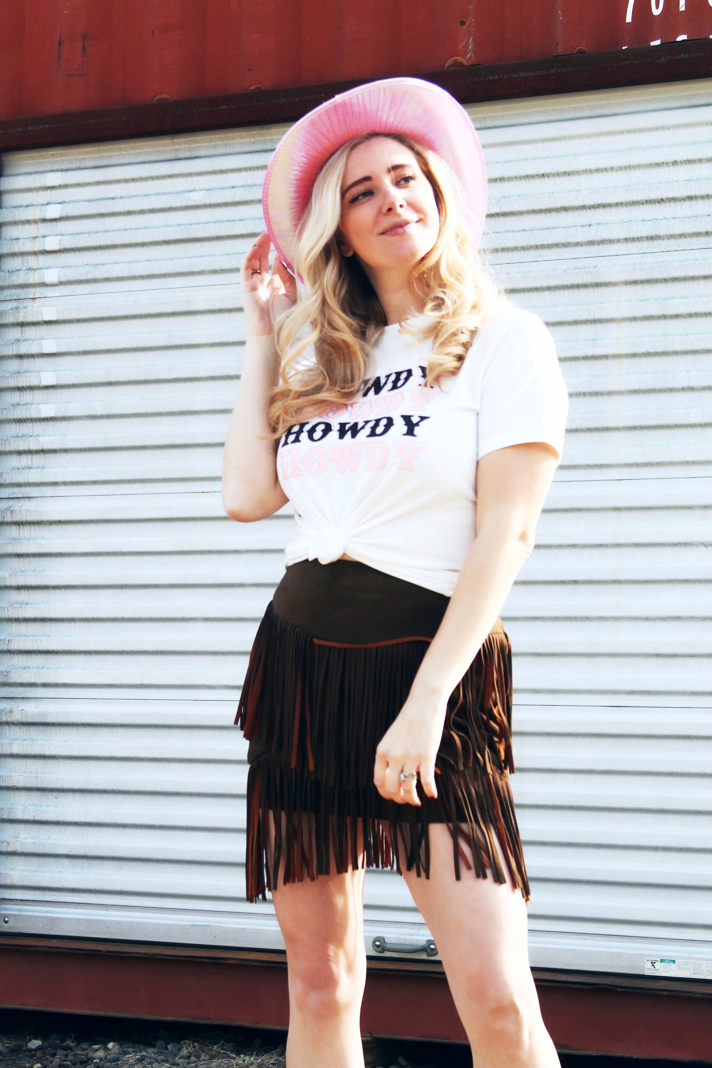 HOWDY fringe + faux suede mini skirt, medium