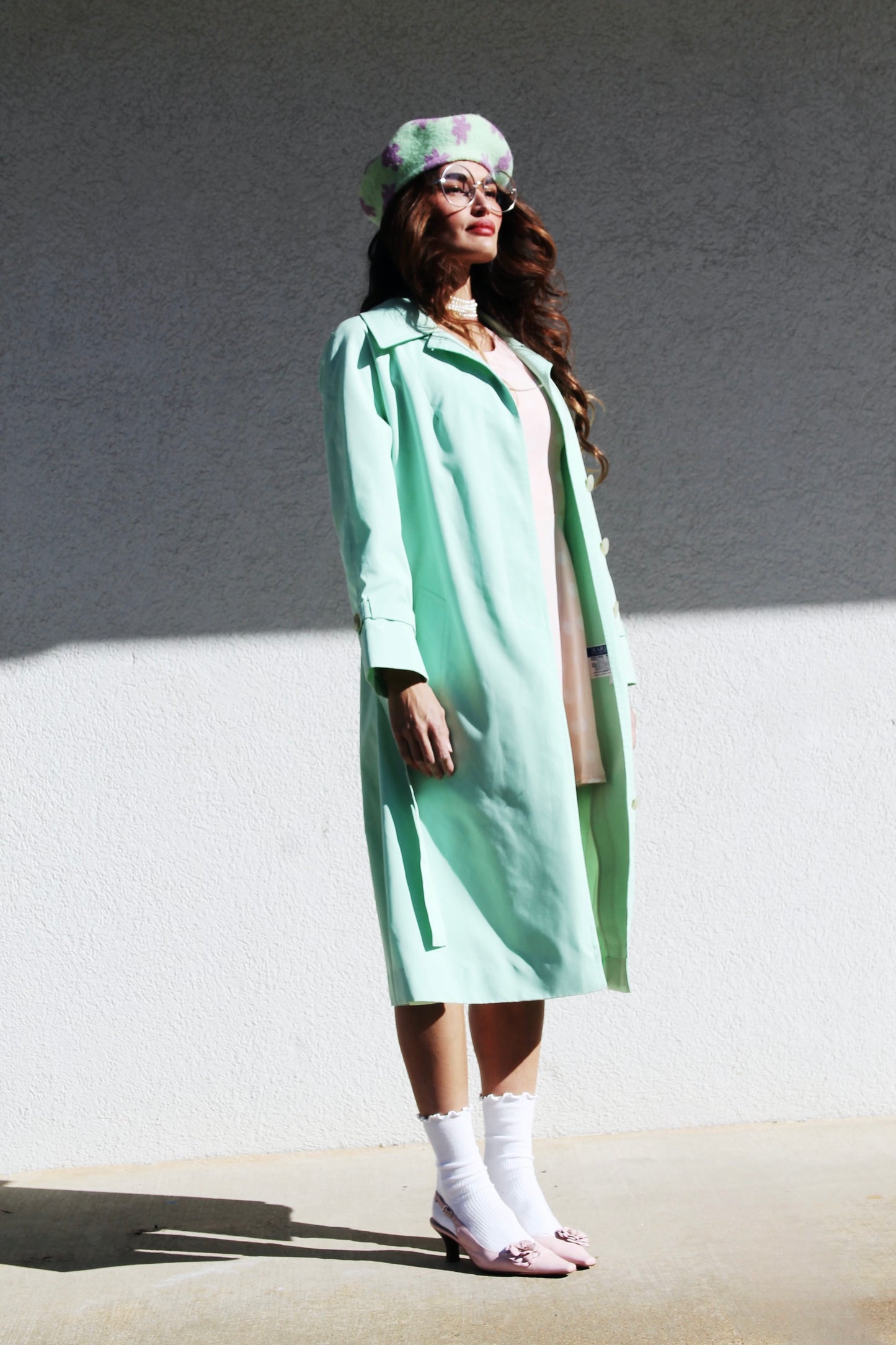 FIRST BLOOM mint green trench coat, size 10 *VINTAGE + MADE IN USA*