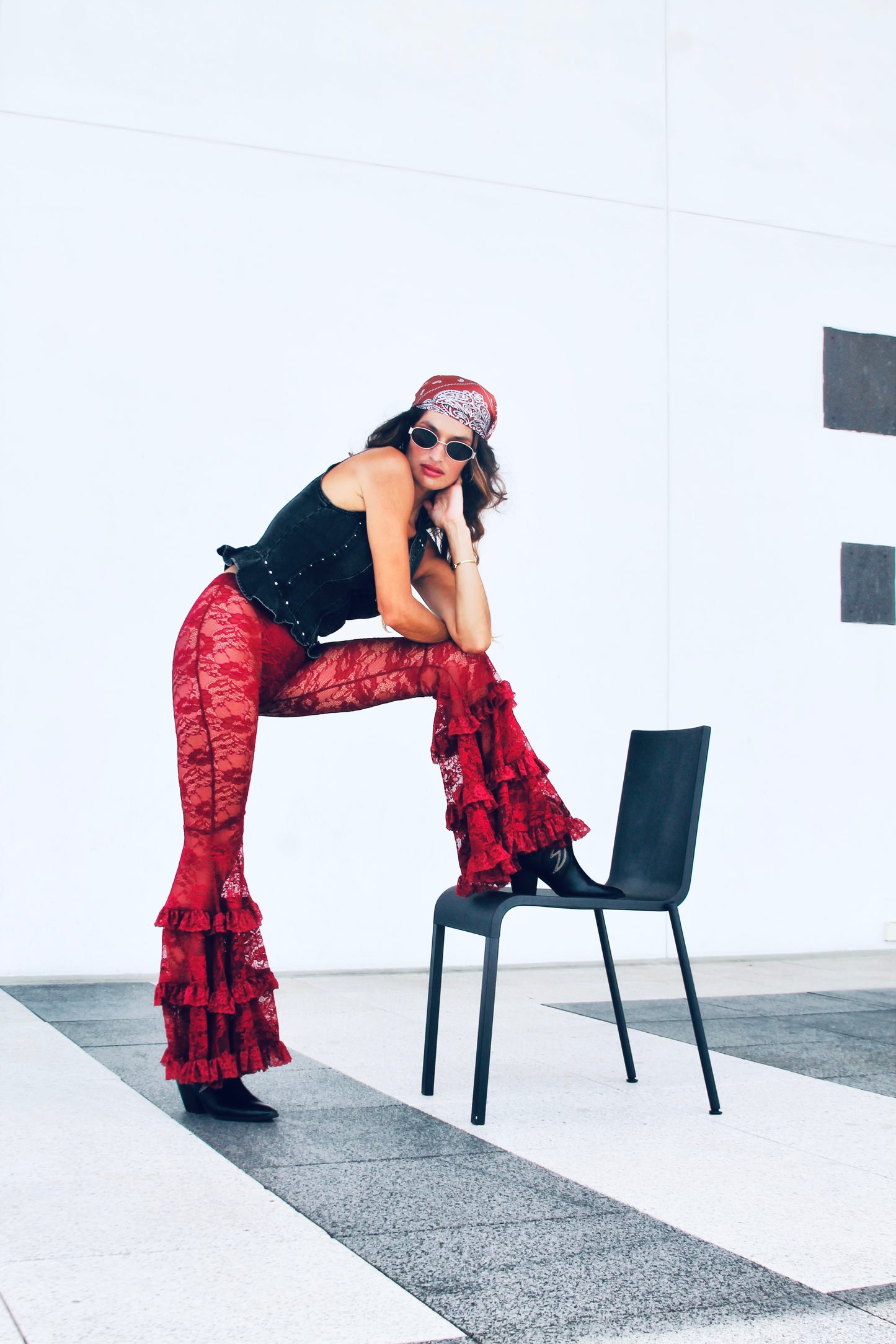 DANGEROUS sheer + full lace + tiered ruffle ultra bell bottoms, XS >> deep maroon