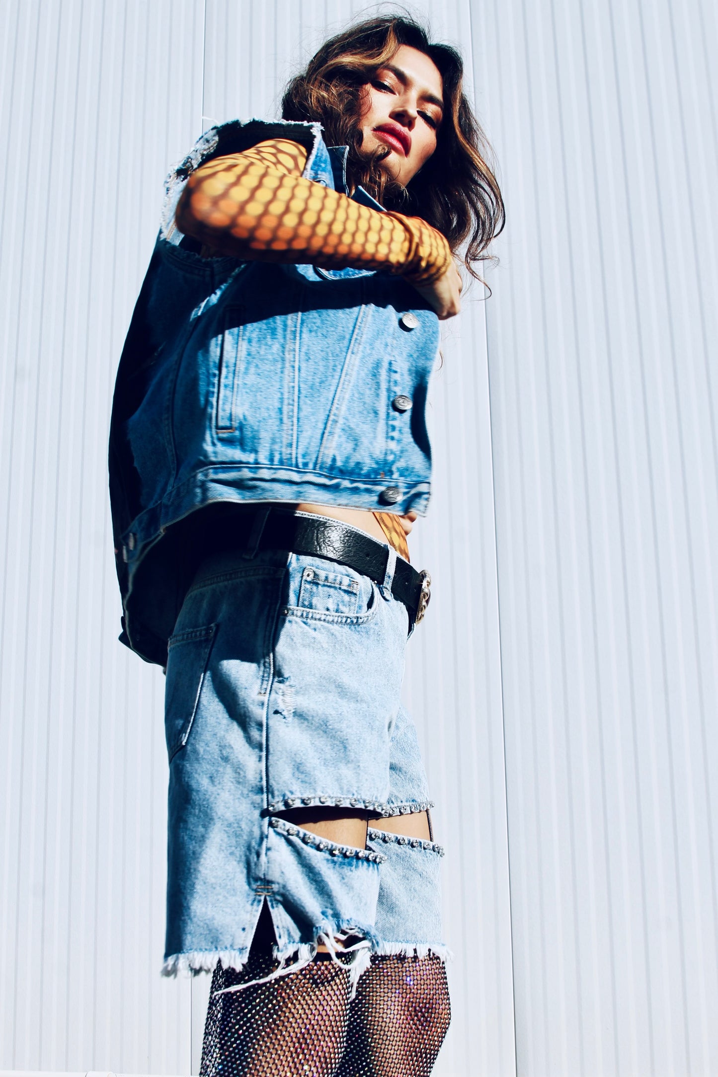 EMPOWER hand painted denim vest, large *FOXY FABLE ORIGINAL + FOXY FAVE + VINTAGE >> medium wash