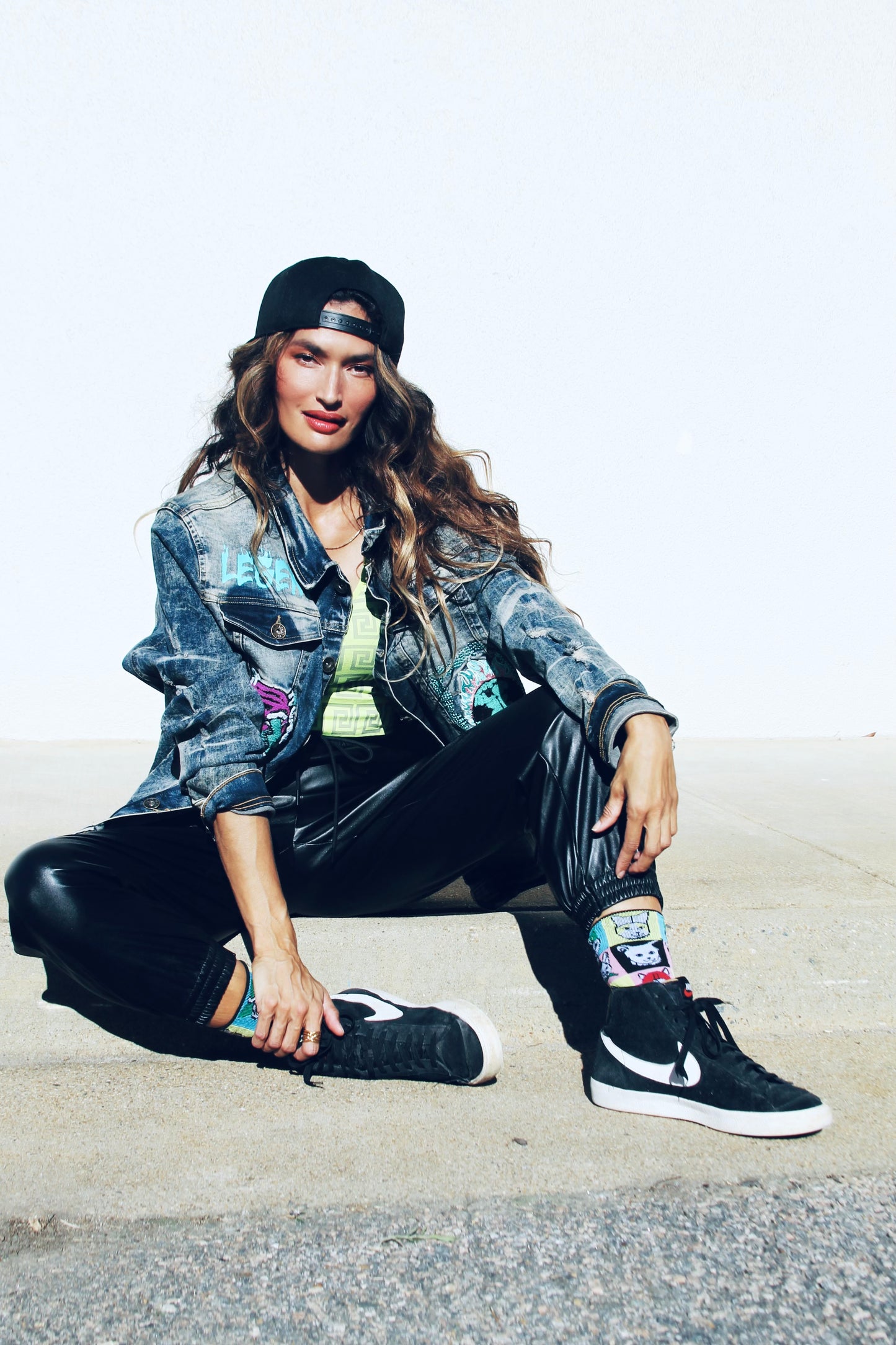 LEGEND patchwork denim jacket, XL >> antiqued dark wash + tiger patchwork