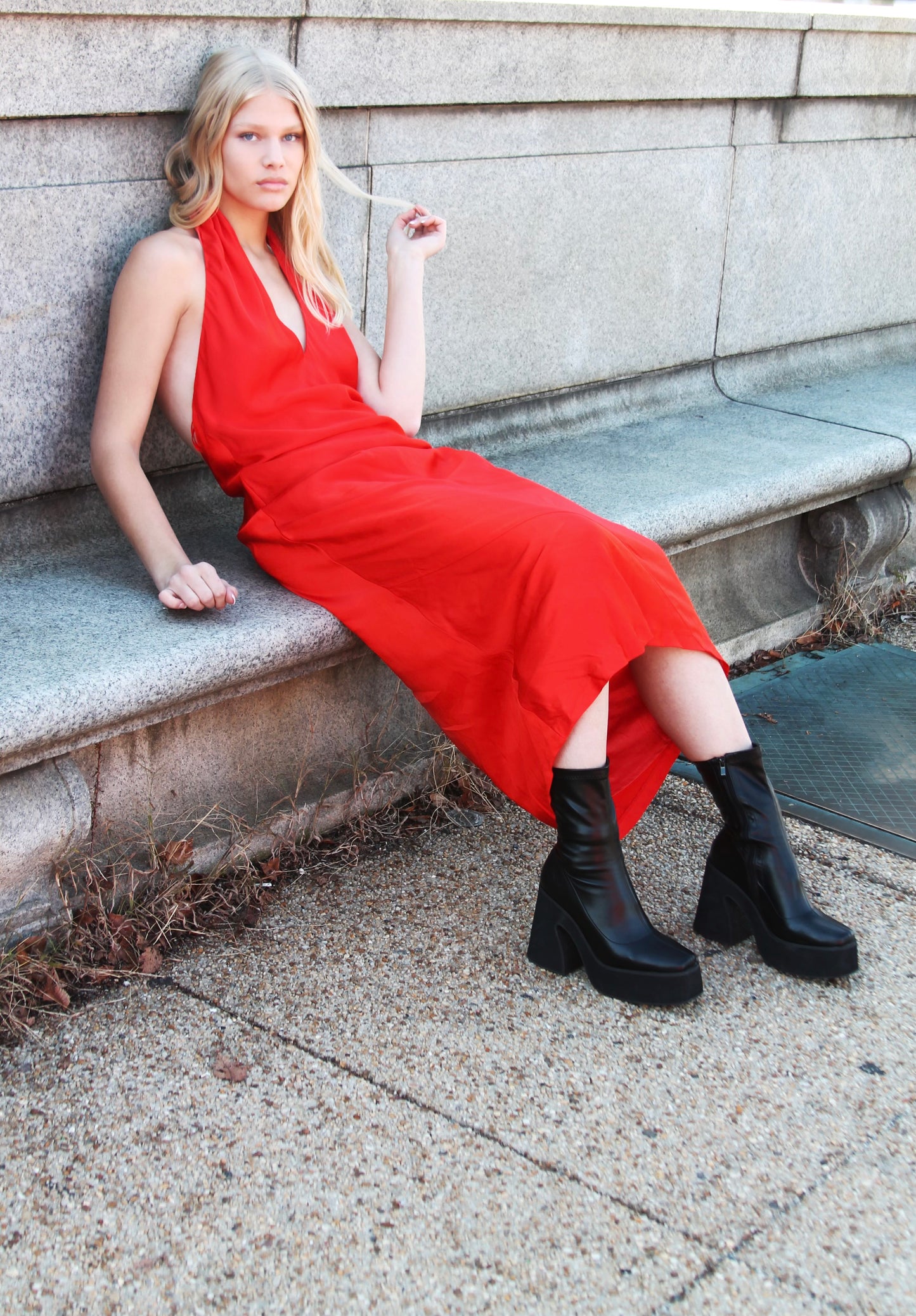 RED CORVETTE open-back • satin maxi dress, large *BARDOT*