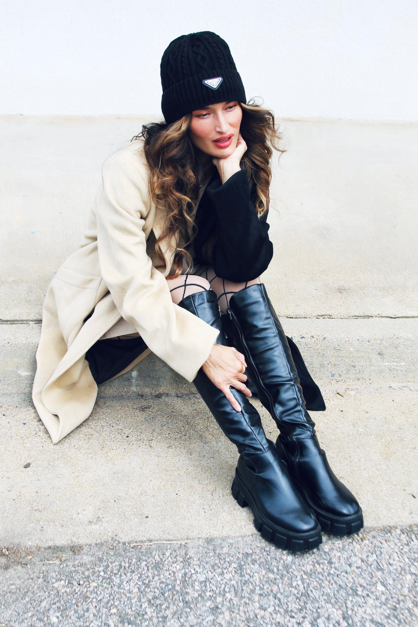 DOUBLE TROUBLE color block overcoat, size L/XL >> camel + black