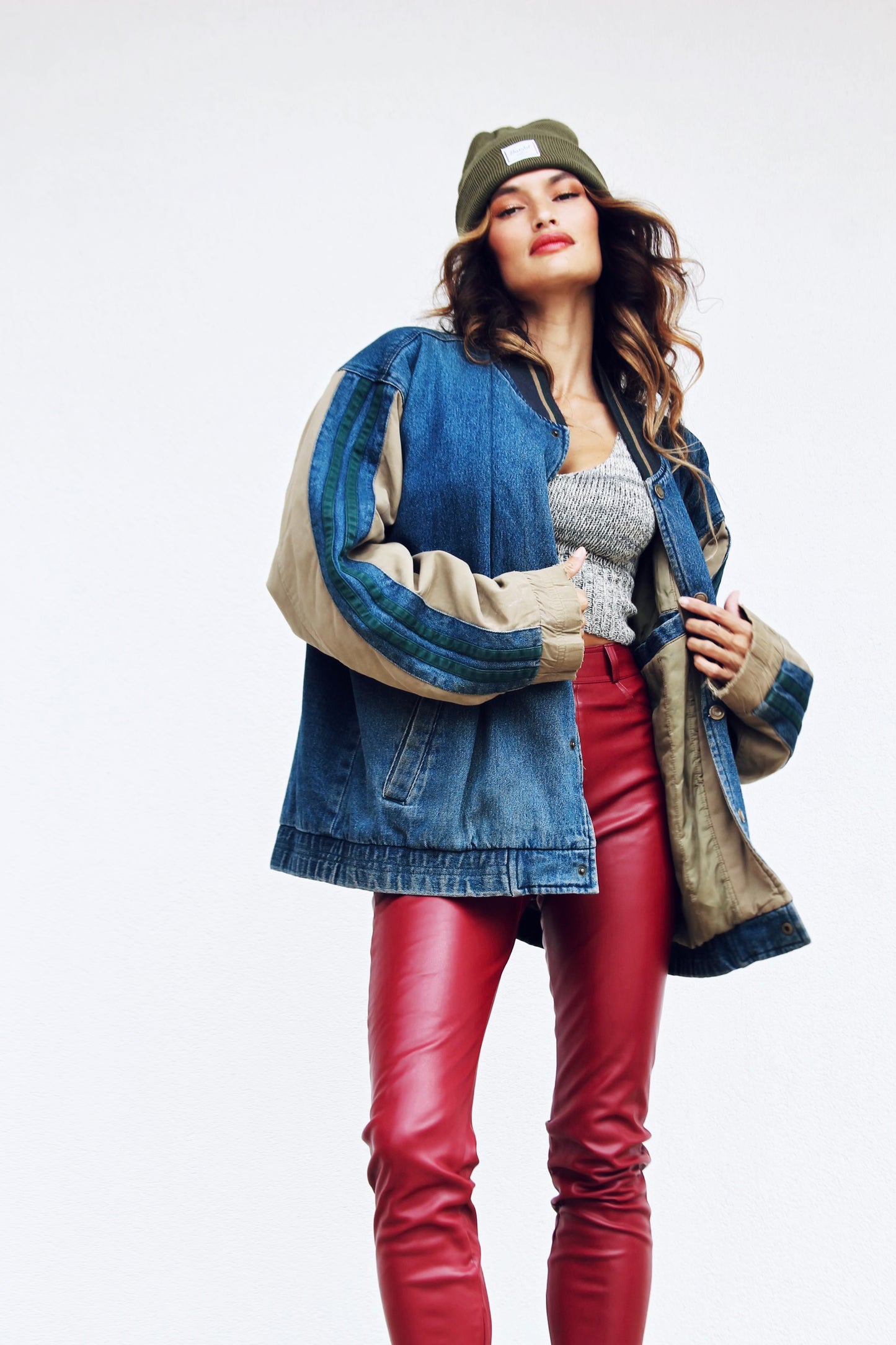 IN IT TO WIN IT stadium bomber + denim jacket, large (fits like a 2XL) *VINTAGE* >> dark wash + olive