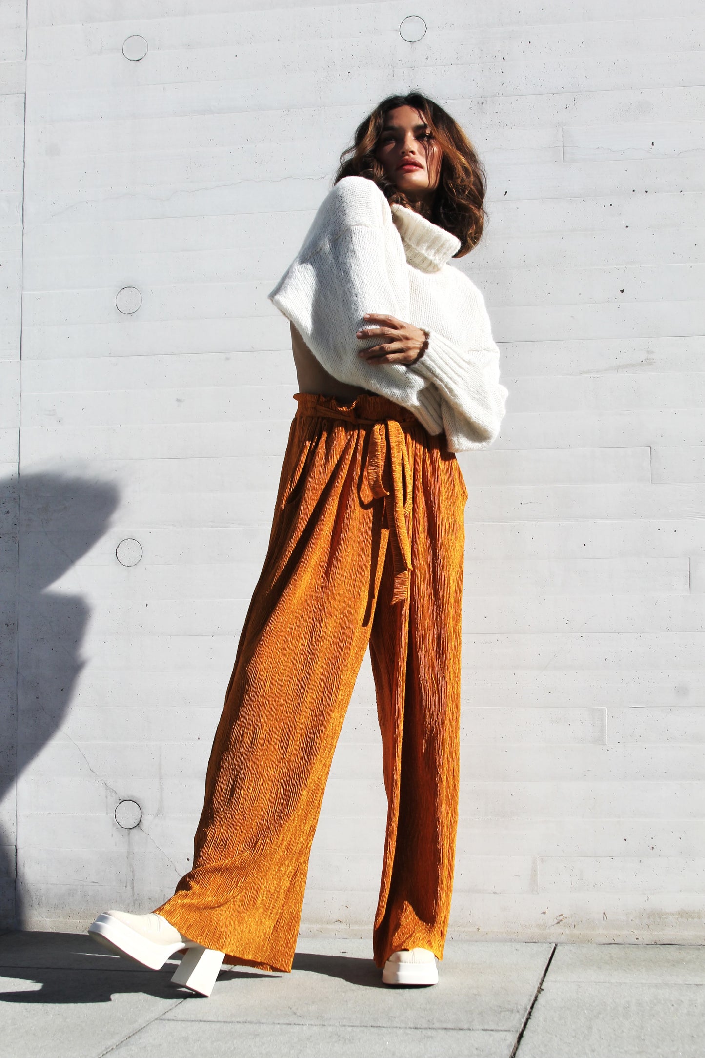 INNER LIGHT wide leg + high waist pants, large >>amber glow