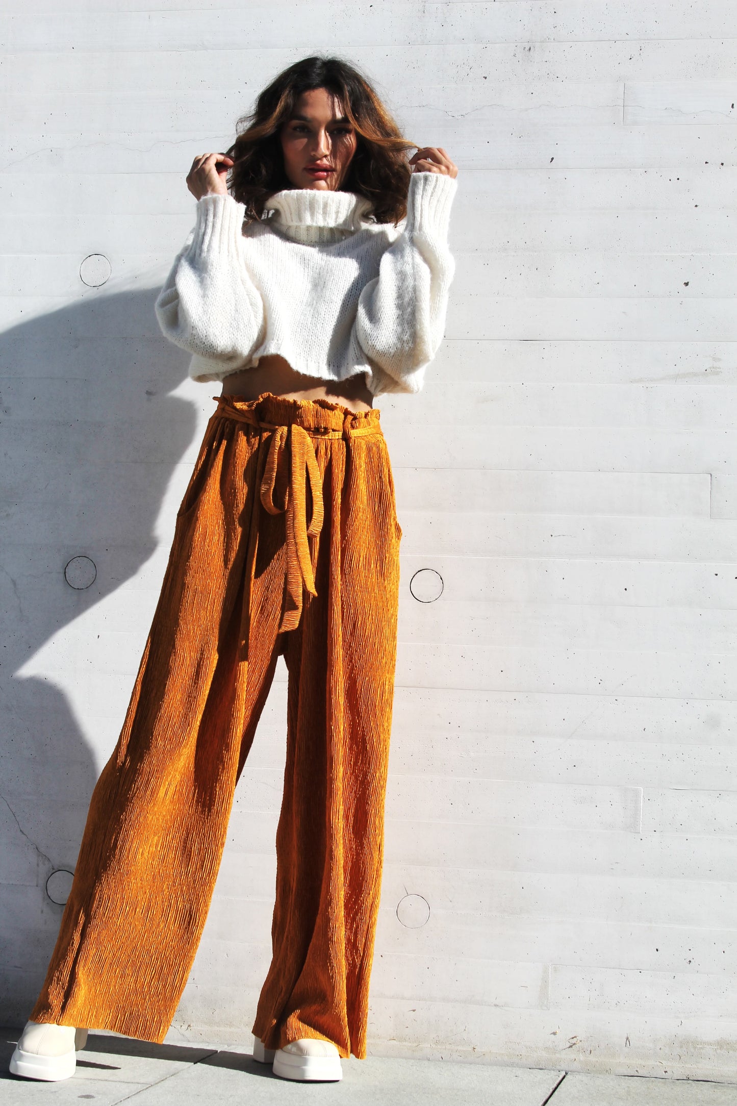 INNER LIGHT wide leg + high waist pants, large >>amber glow