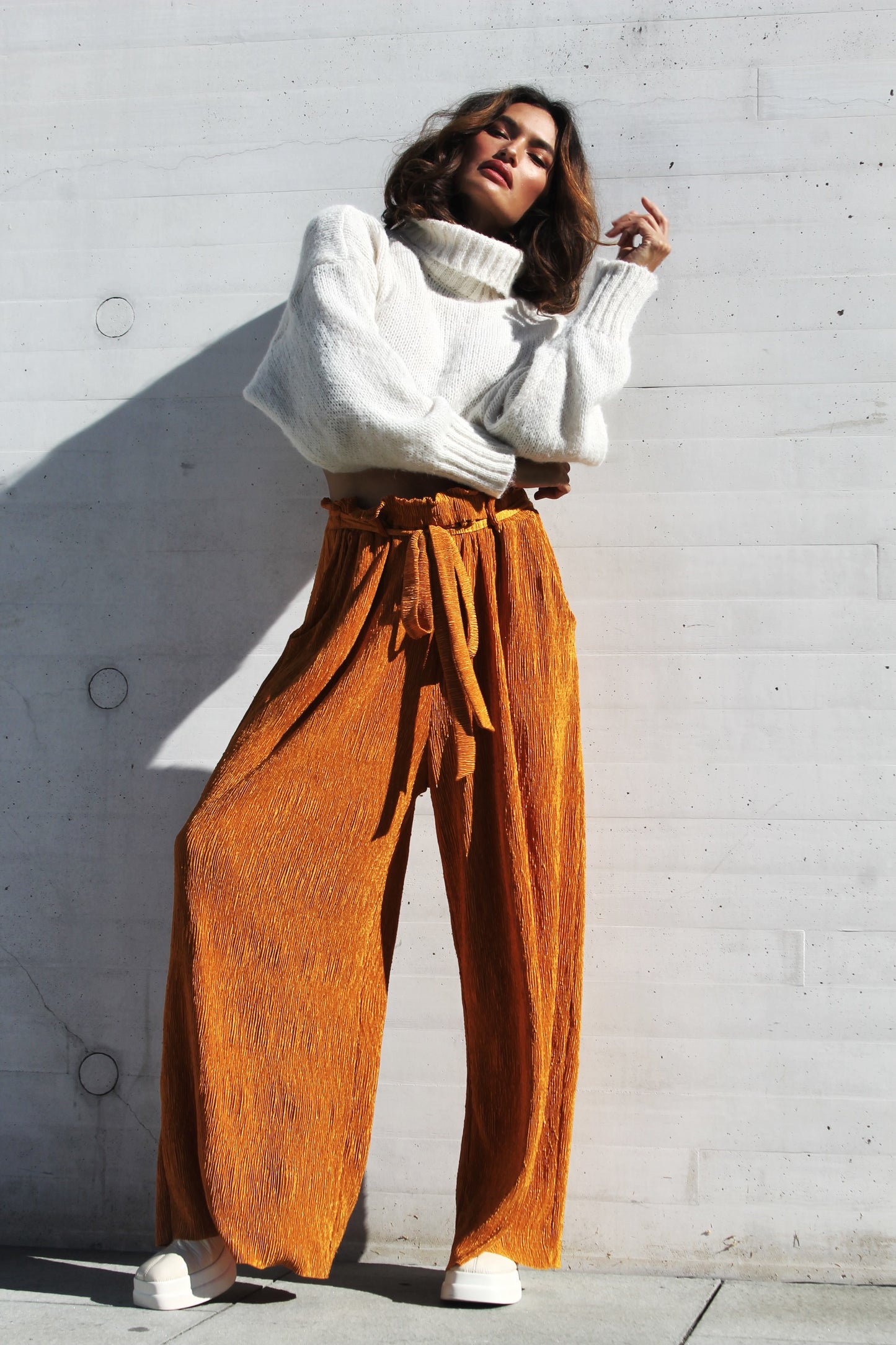 INNER LIGHT wide leg + high waist pants, large >>amber glow