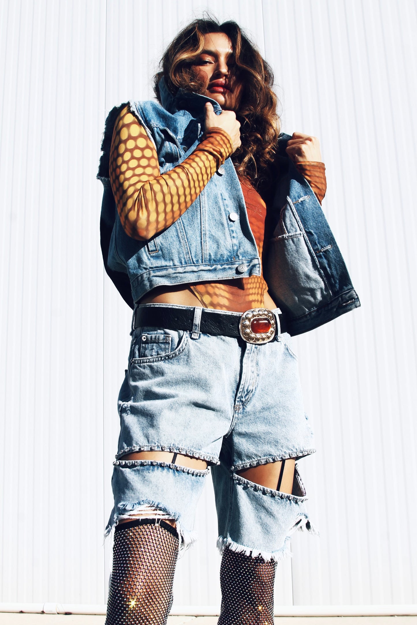 EMPOWER hand painted denim vest, large *FOXY FABLE ORIGINAL + FOXY FAVE + VINTAGE >> medium wash