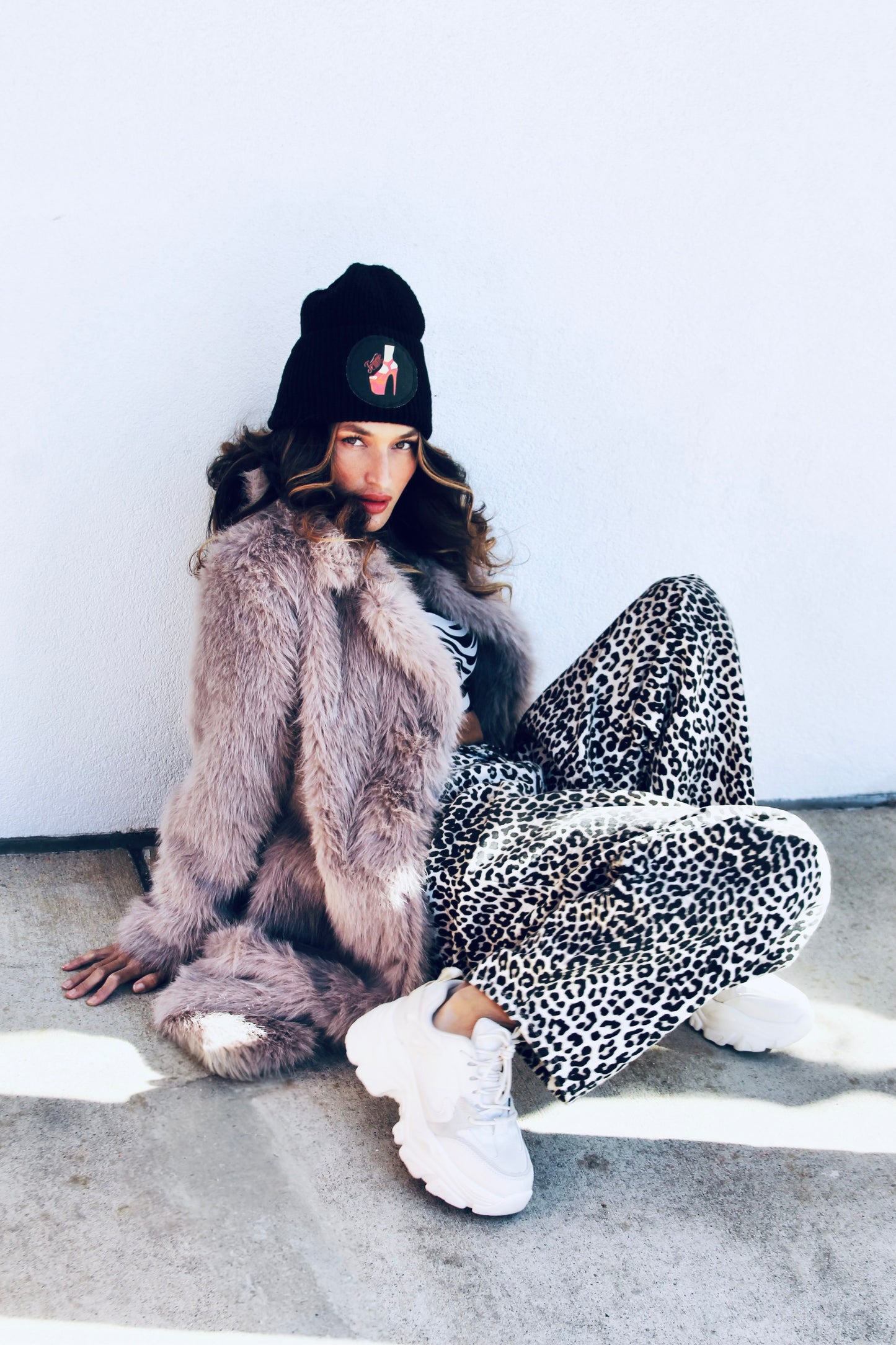 FAUX-EVER YOURS faux fur coat, medium >> stone grey