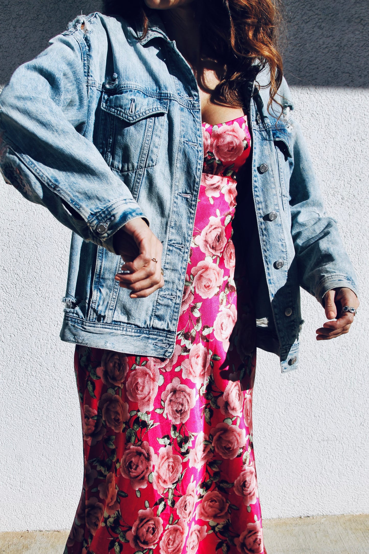 GIRLS RULE BOYZ DROOL hand painted distressed denim jacket, small *FOXY FABLE ORIGINAL + FOXY FAVE* >> light wash + floral