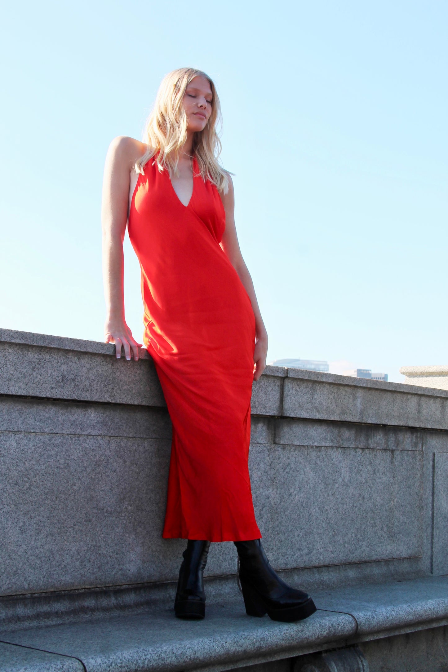 RED CORVETTE open-back • satin maxi dress, large *BARDOT*