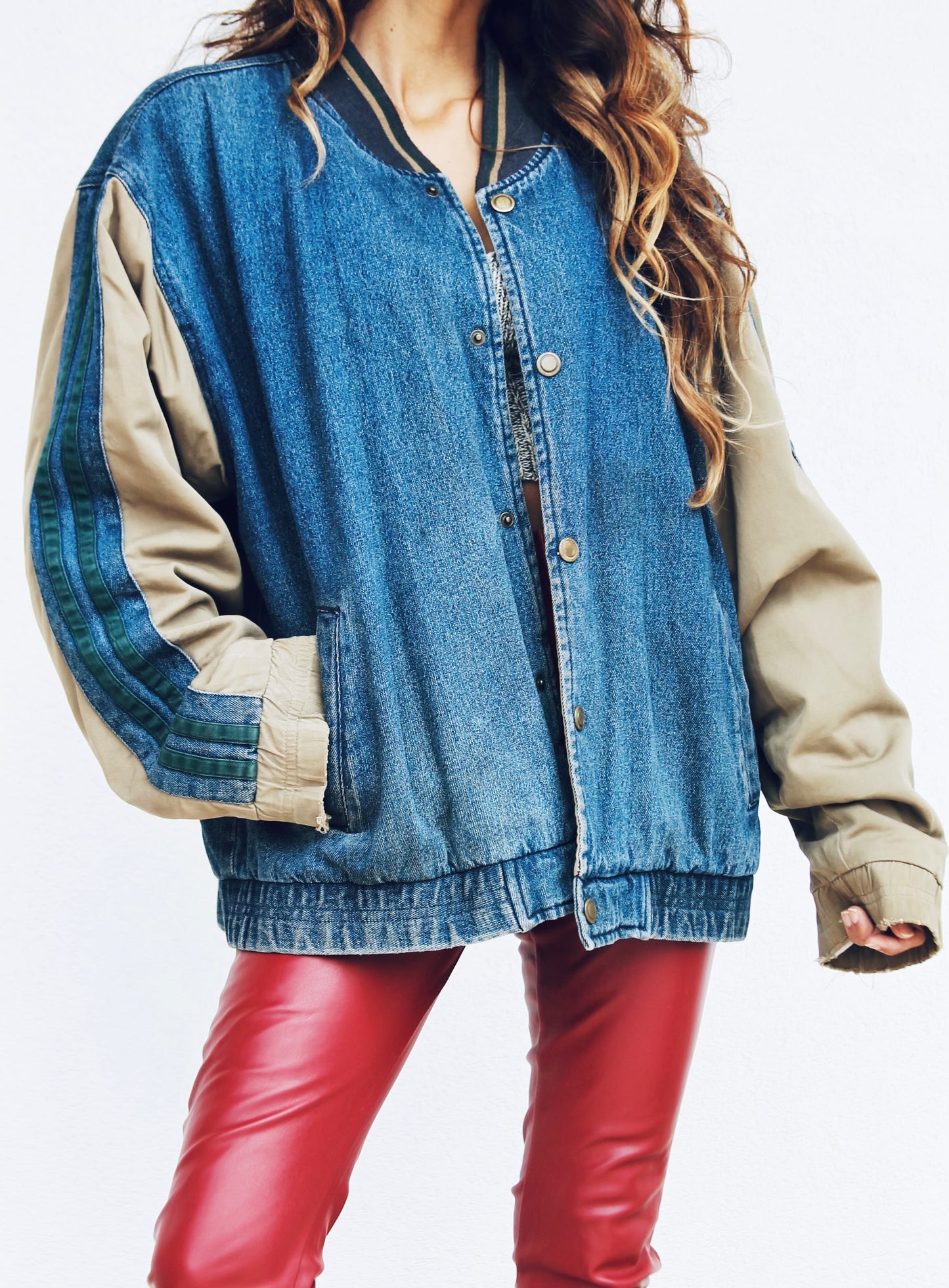 IN IT TO WIN IT stadium bomber + denim jacket, large (fits like a 2XL) *VINTAGE* >> dark wash + olive