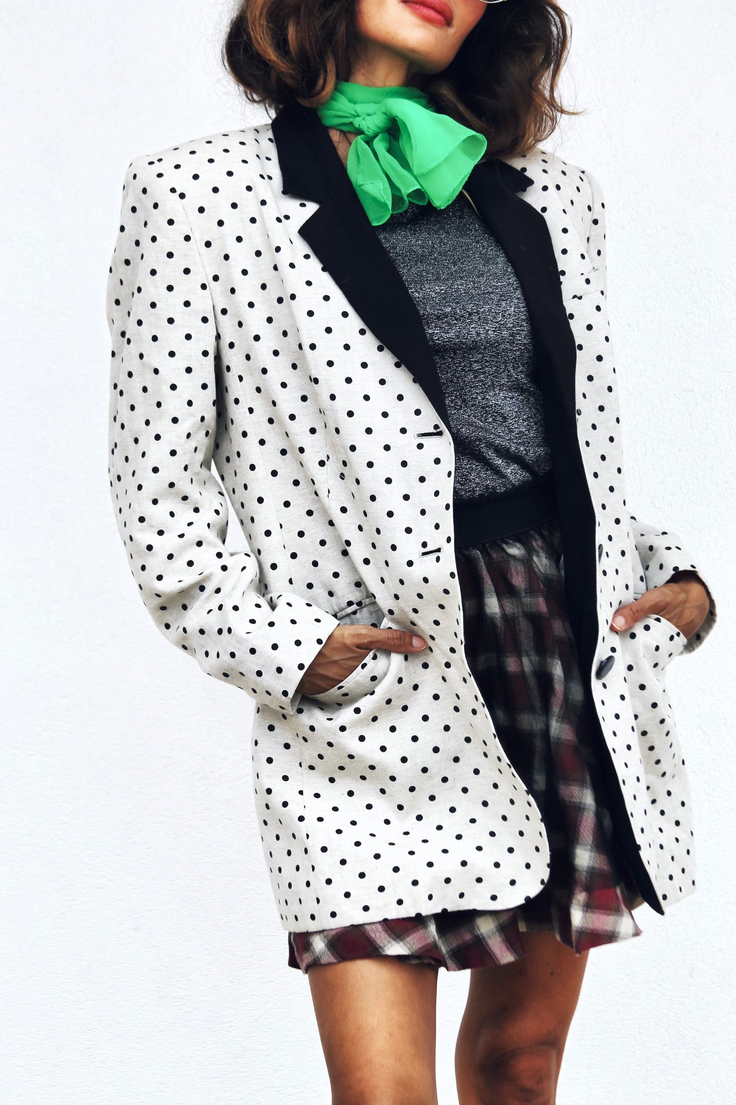 ON THE DOT polka dot blazer, size 14 *VINTAGE* >> beige w/ black dots