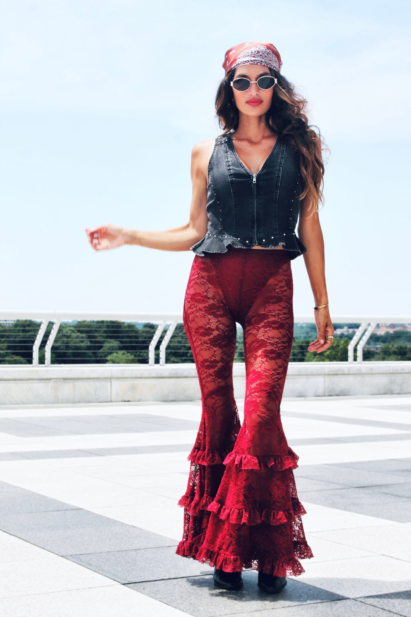 DANGEROUS sheer + full lace + tiered ruffle ultra bell bottoms, XS >> deep maroon