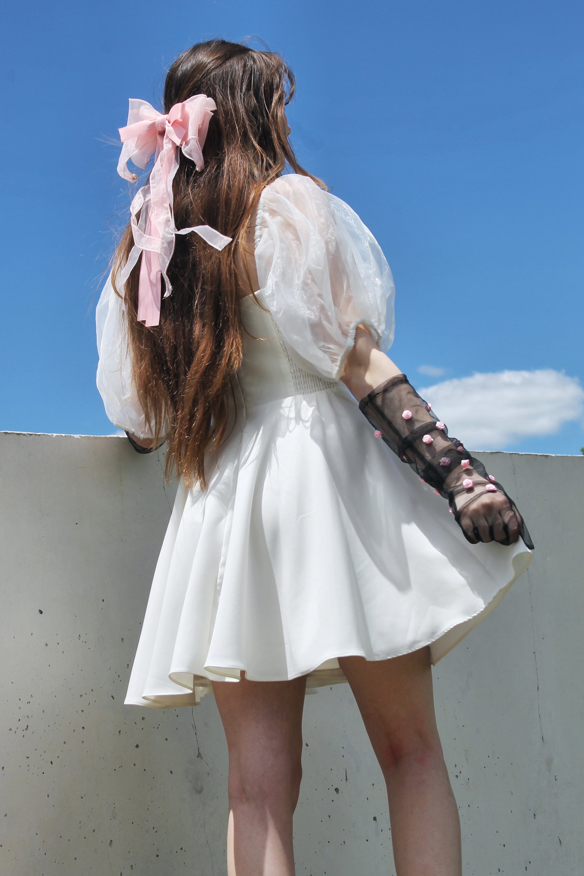 white sheer puff sleeve dress V Neck Sheer Puff Sleeve Padded Maxi Dress with Draped Asymmetrical Hemline