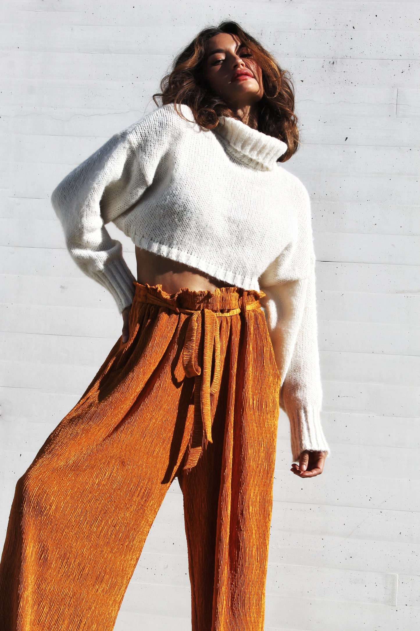 INNER LIGHT wide leg + high waist pants, large >>amber glow