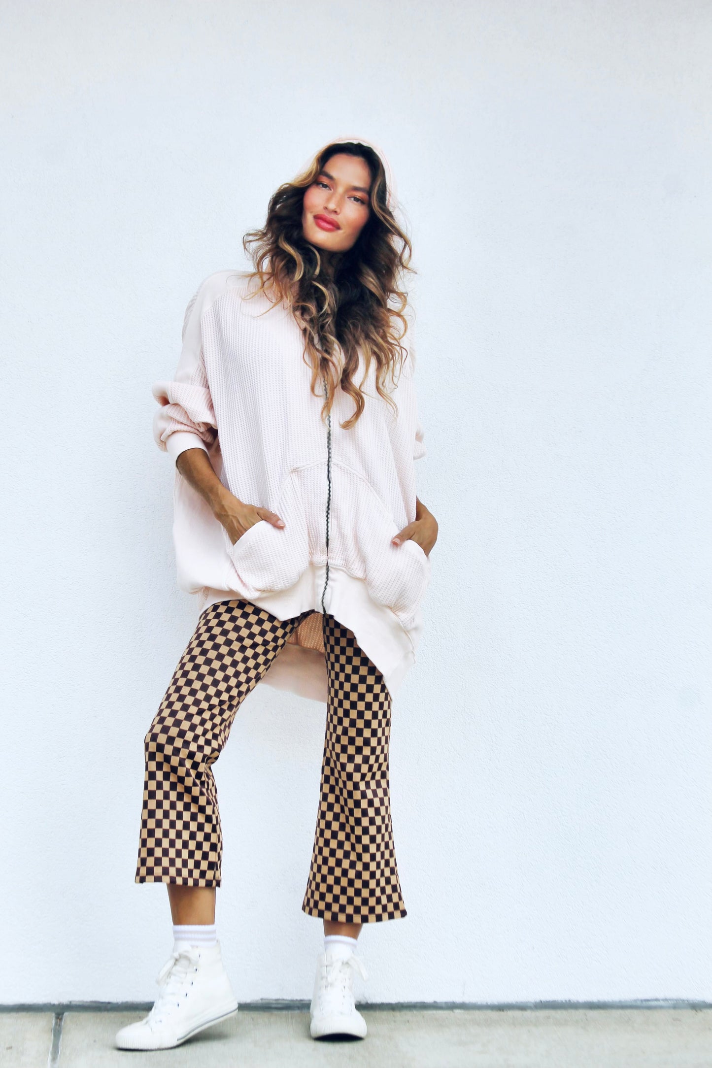 HEART MAKER waffle knit + oversized hoodie, large *FREE PEOPLE*  >> bubble gum pink