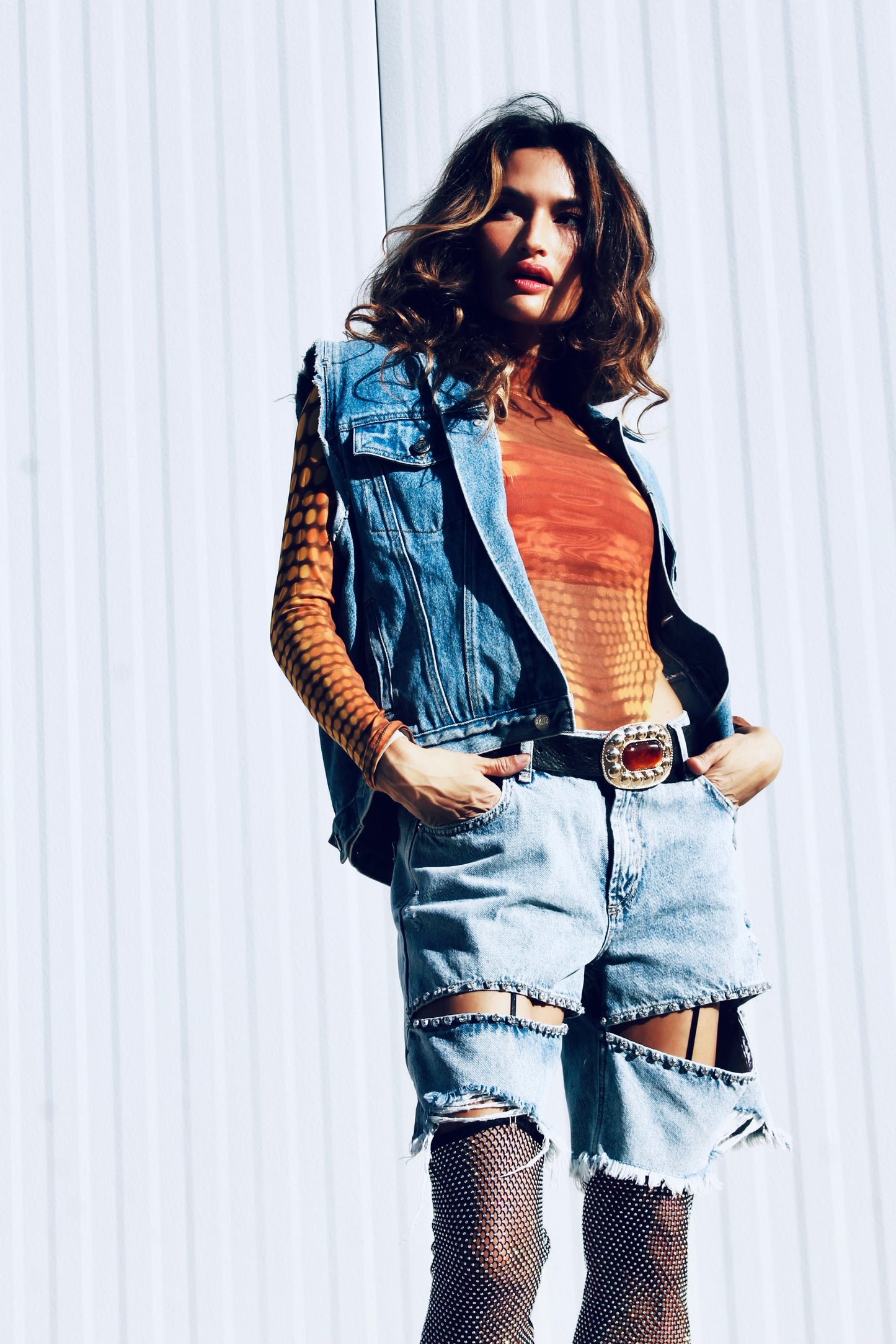 EMPOWER hand painted denim vest, large *FOXY FABLE ORIGINAL + FOXY FAVE + VINTAGE >> medium wash