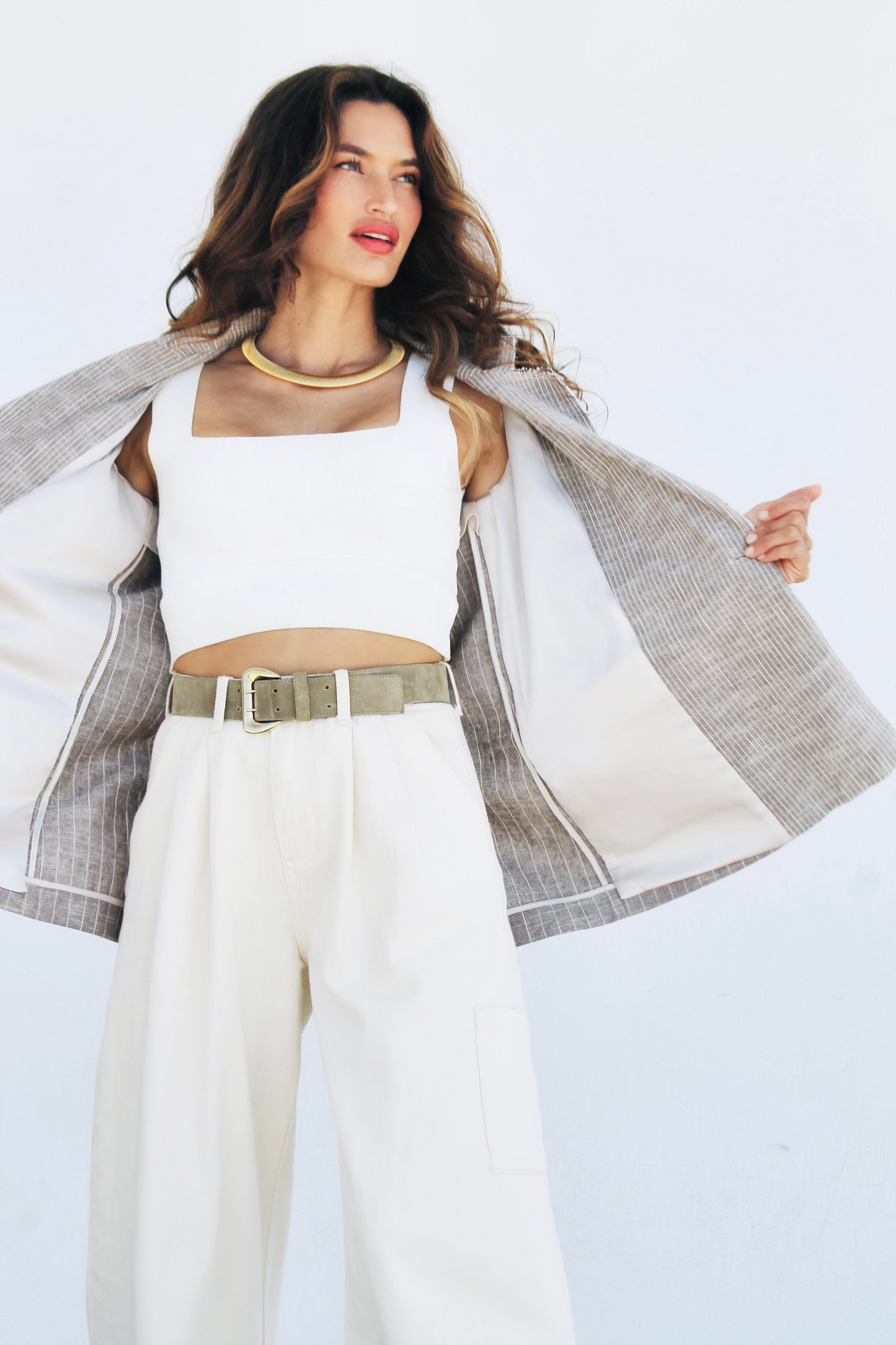 BLUEPRINT pinstripe double breasted blazer, RAMY BROOK NY >> coffee + cream