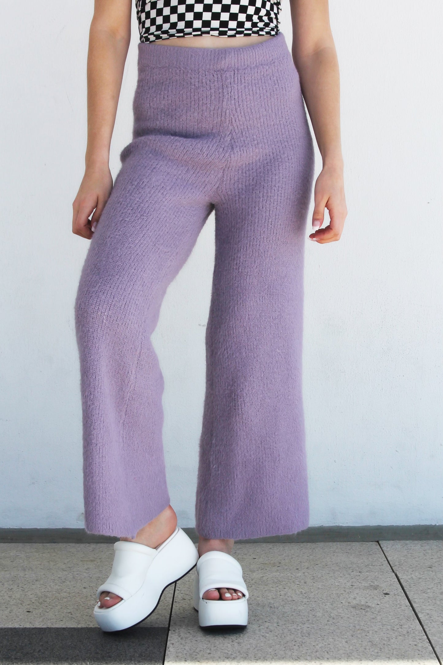 TONGUE TIED lilac fuzzy trousers, large