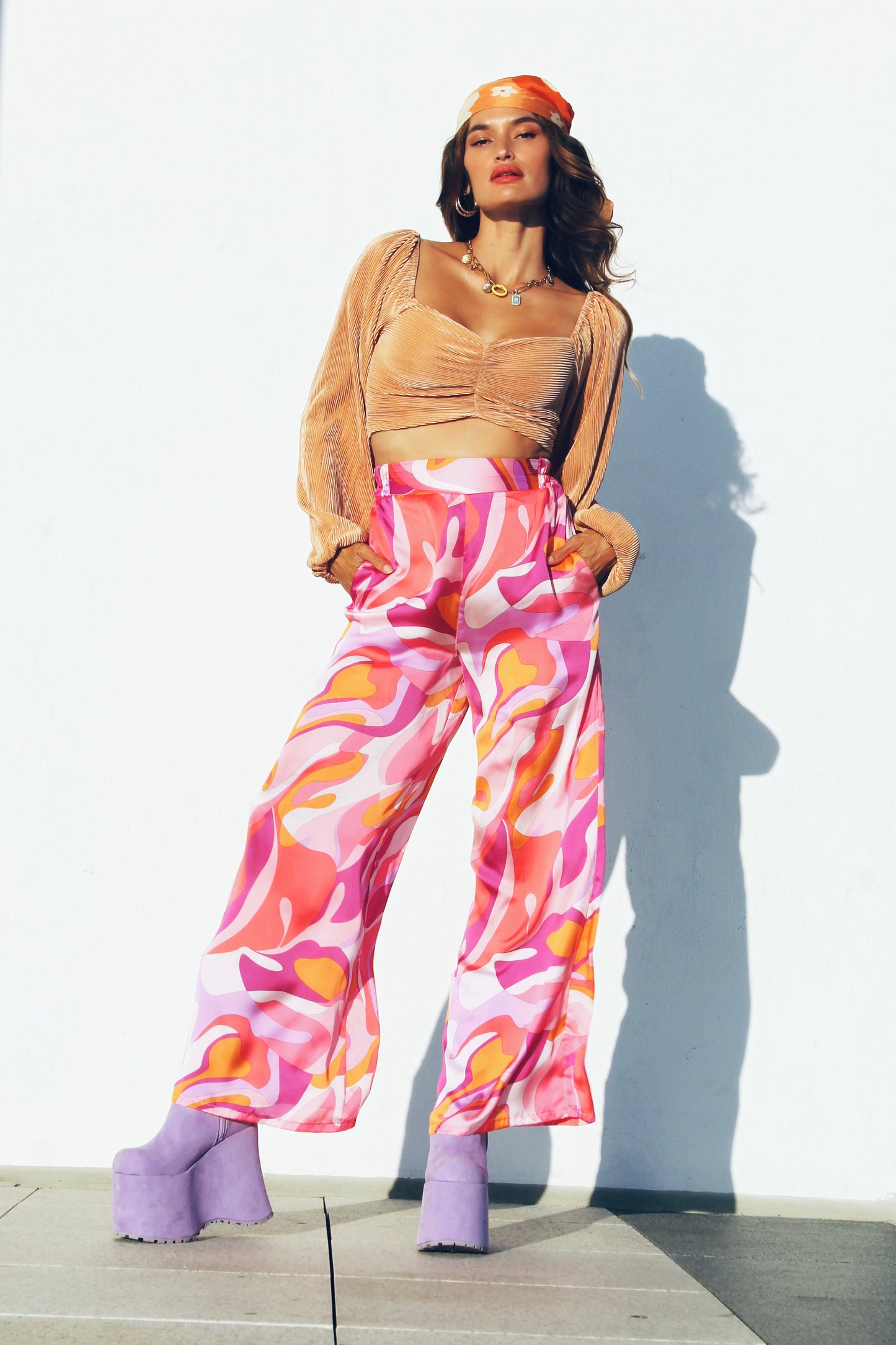 BOHEMIAN SUNSET colorful high- waisted + wide leg satin trousers, small