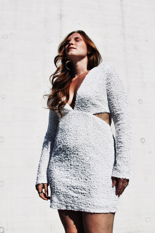 CROWN OF LIGHT ultra plunge + cut-out sequin mini dress, XL >> bright white