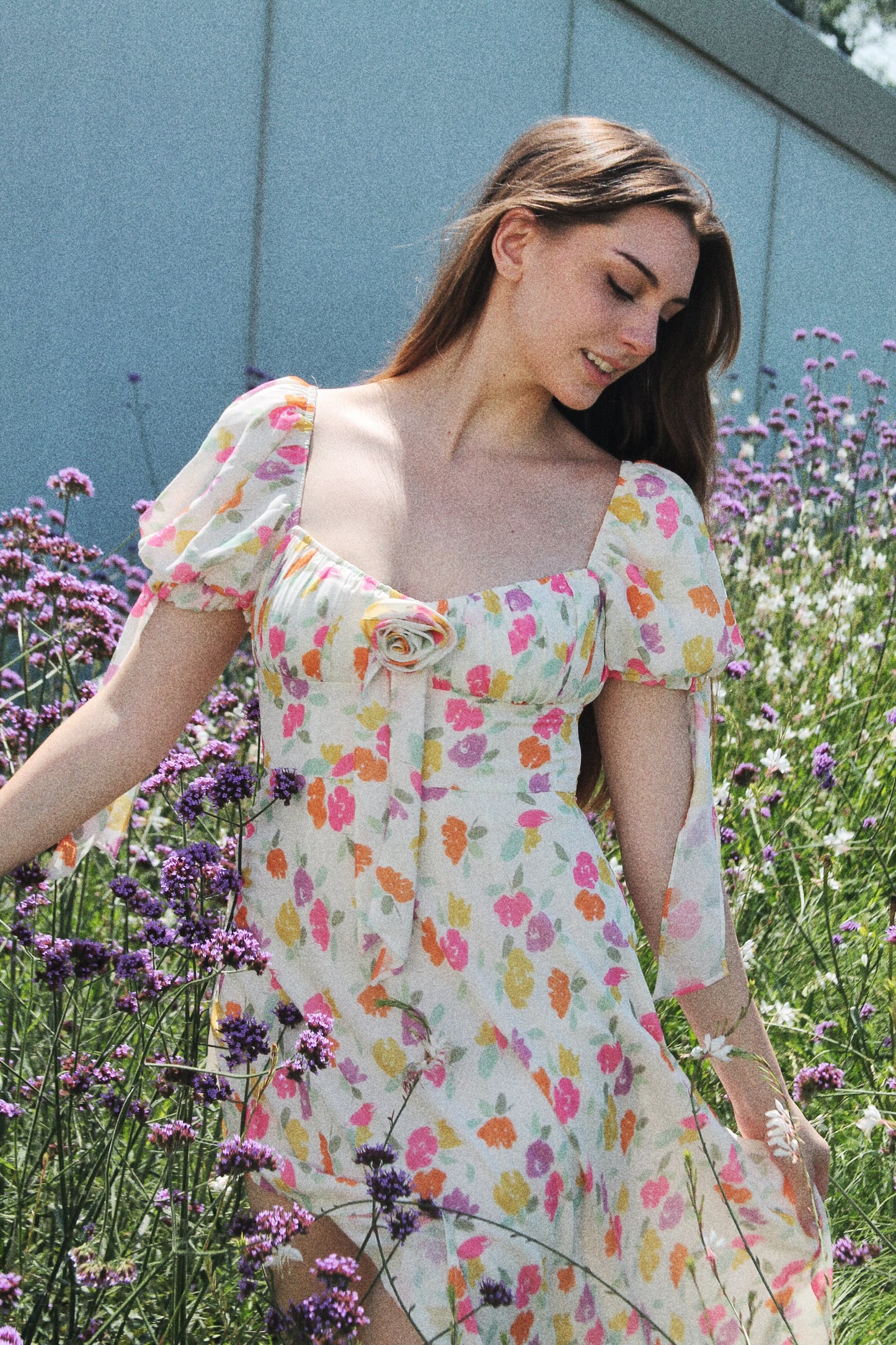 FORGET ME NOT asymmetrical + high-low floral dress, small >> white w/ floral print