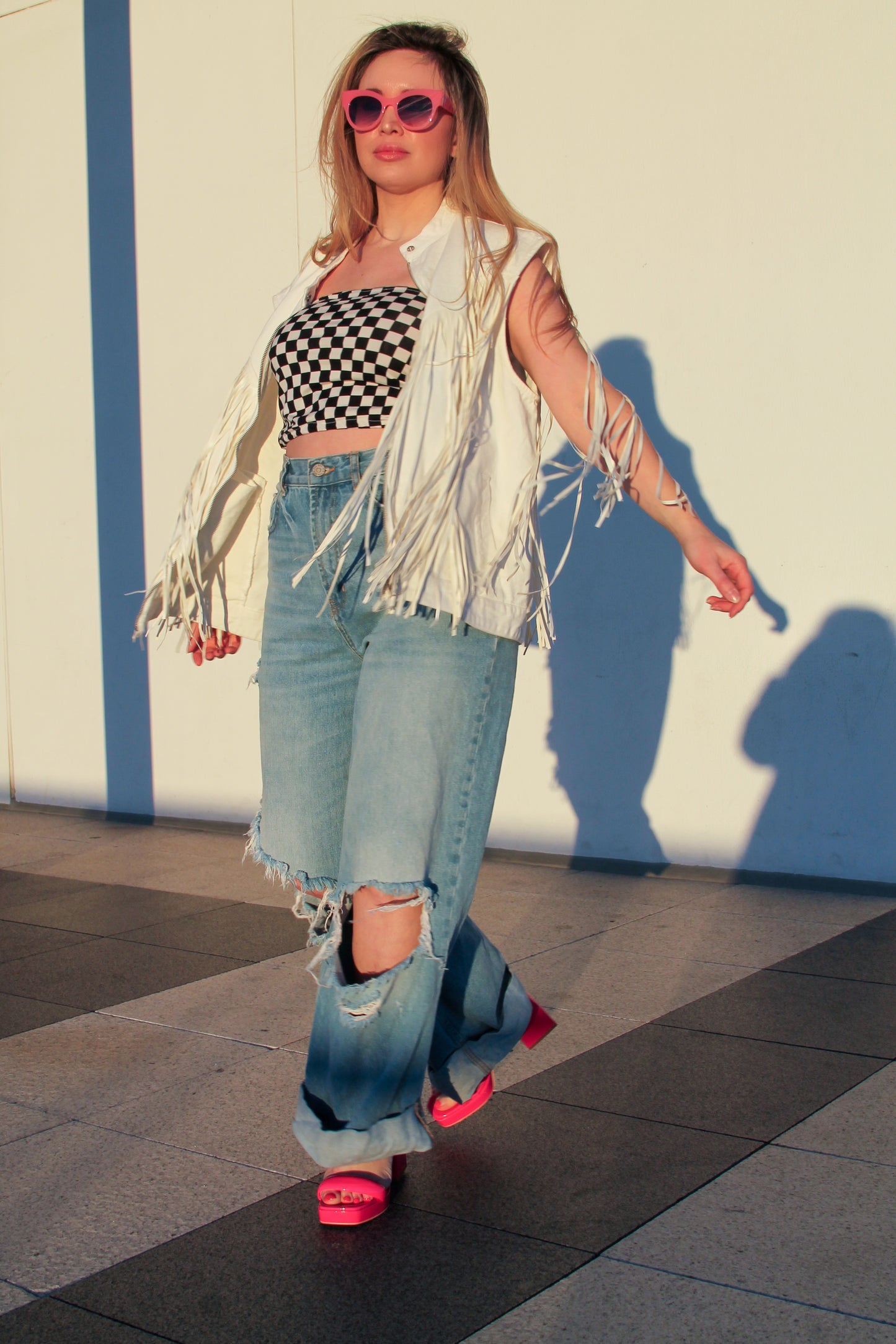 AQUARIUS SZN 2.0 denim + tassel fringe bomber vest, medium