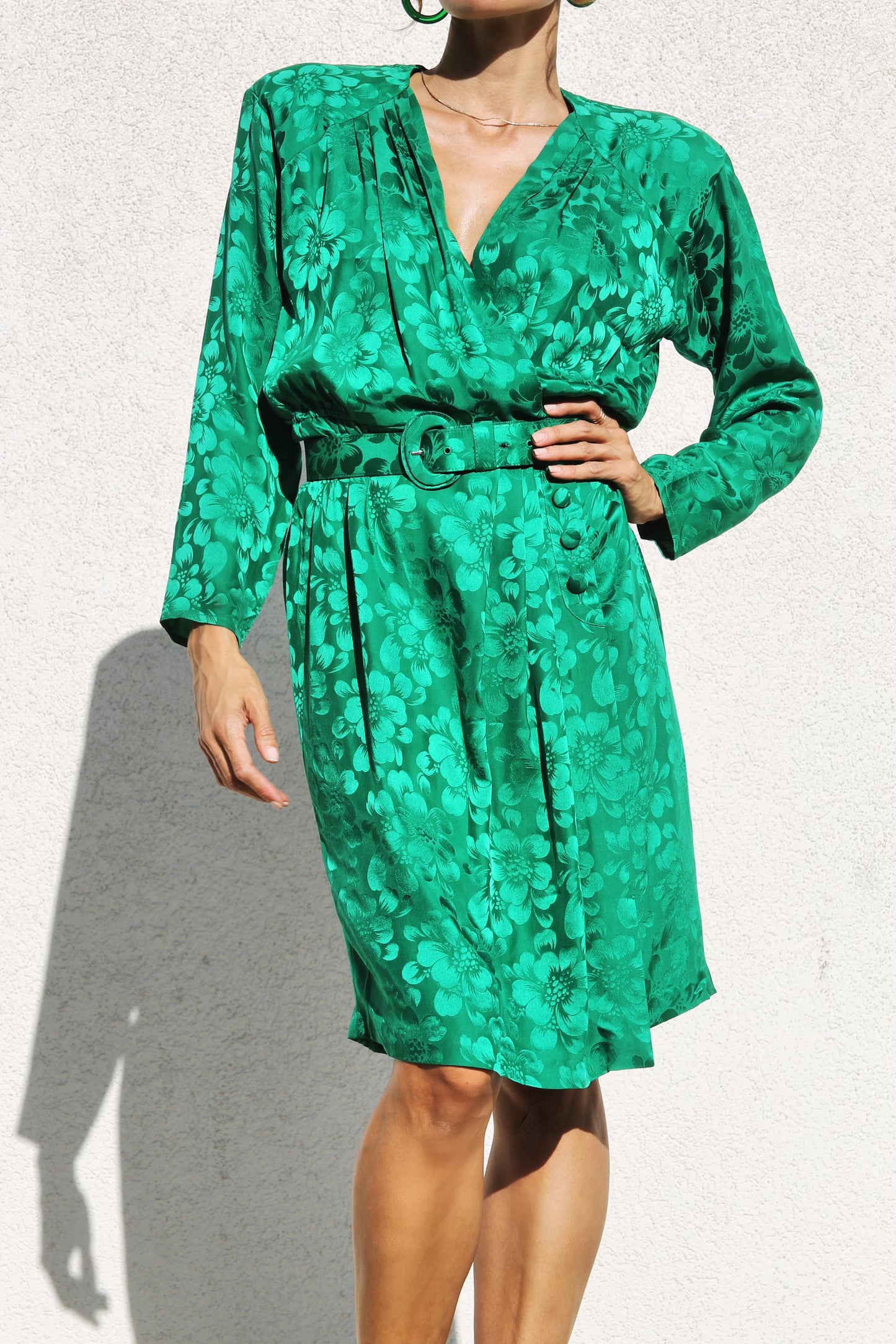 EMERALD DEVOTION pure silk shirtwaist dress, size 10 *TRUE VINTAGE + 100% SILK* Pat Argenti >> emerald green