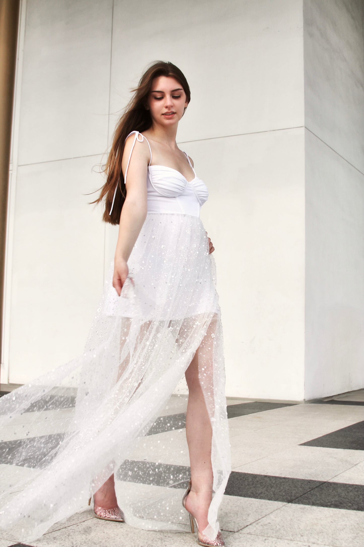 CITY GLOW sparkly + sequined maxi dress,medium >> ethereal white