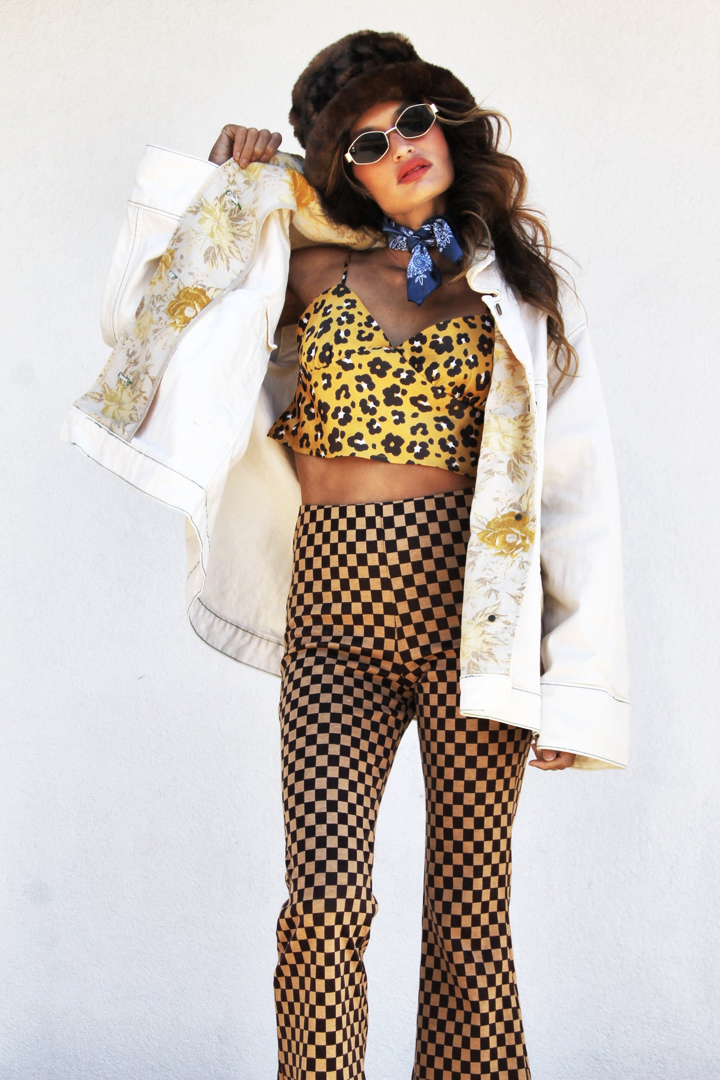 SUNLIT STITCH oversized denim + floral jacket, large >> light cream