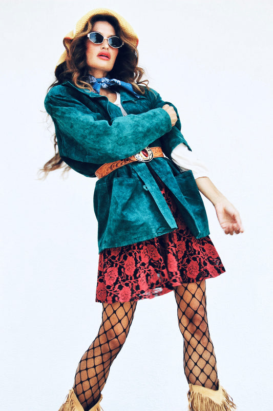 NEVER NONCHALANT suede jacket, medium *TRUE VINTAGE + GENUINE LEATHER* >> teal gem tone